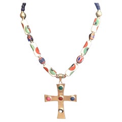 LB offers SS Mexican inlaid Cross Vintage Print Venetian Beads Lapis Necklace
