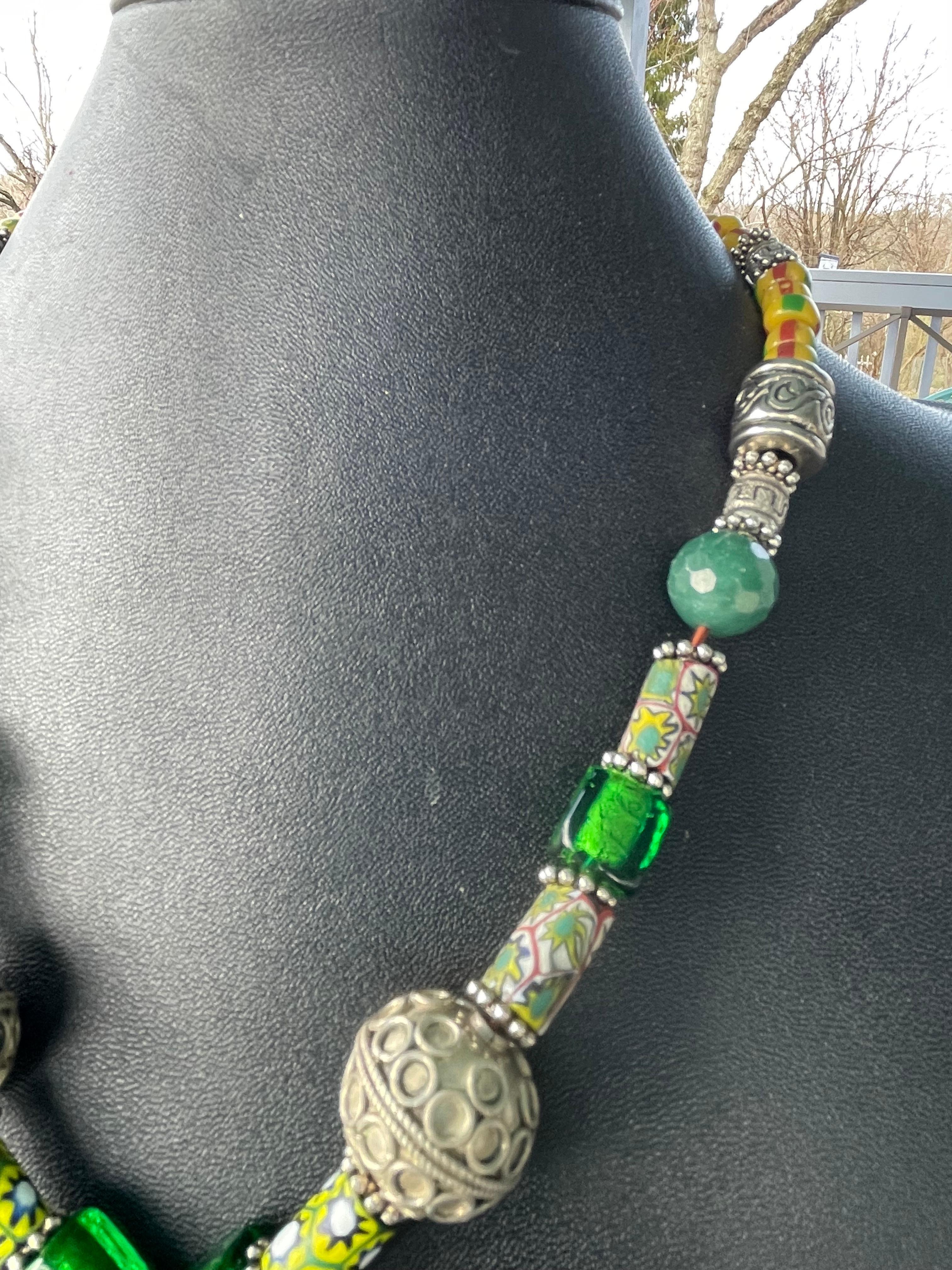Artisan LB offers Sterling Jerusalem Cross pendant Venetian Tibetan trade beads necklace For Sale
