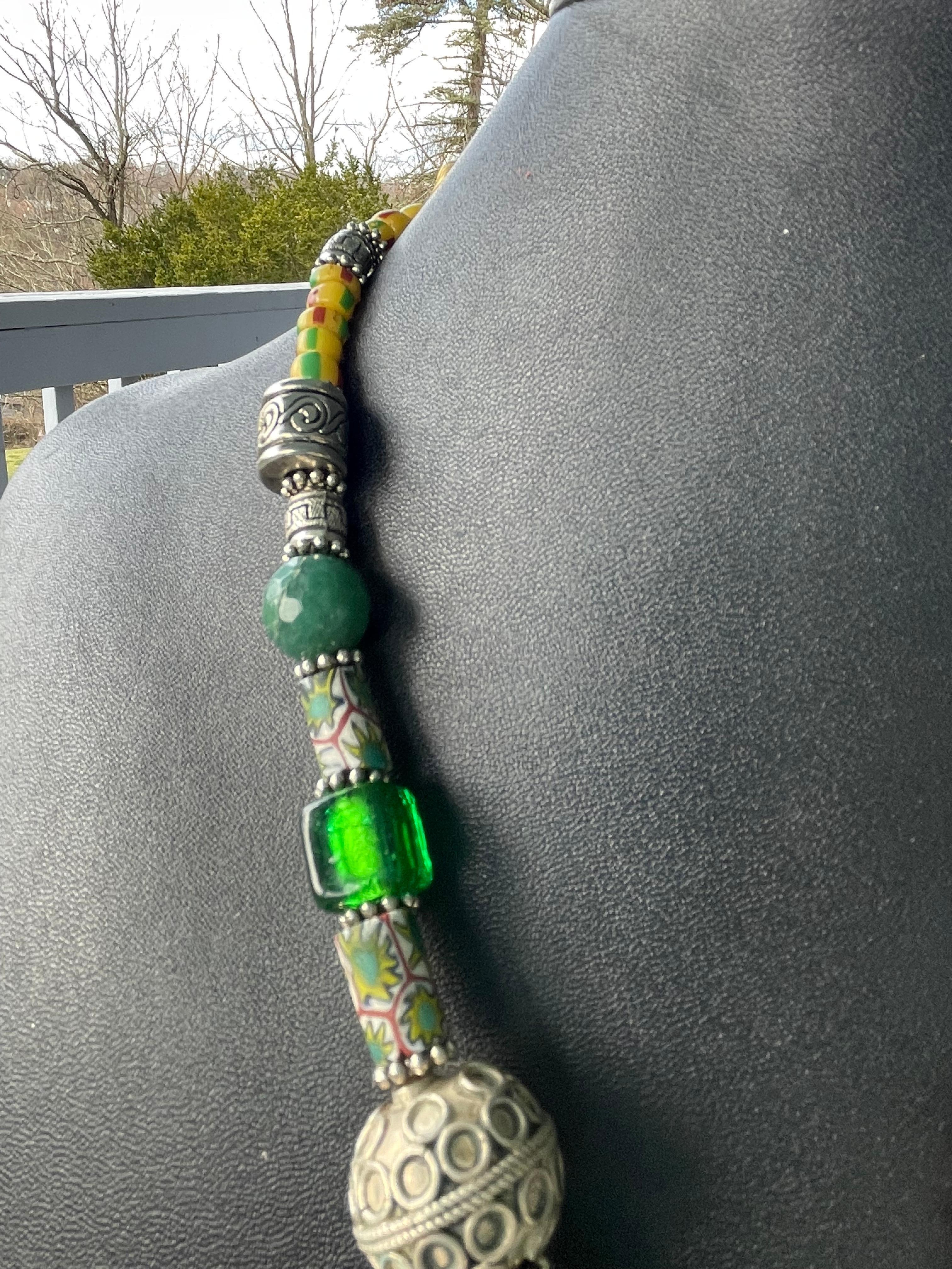 Women's or Men's LB offers Sterling Jerusalem Cross pendant Venetian Tibetan trade beads necklace For Sale
