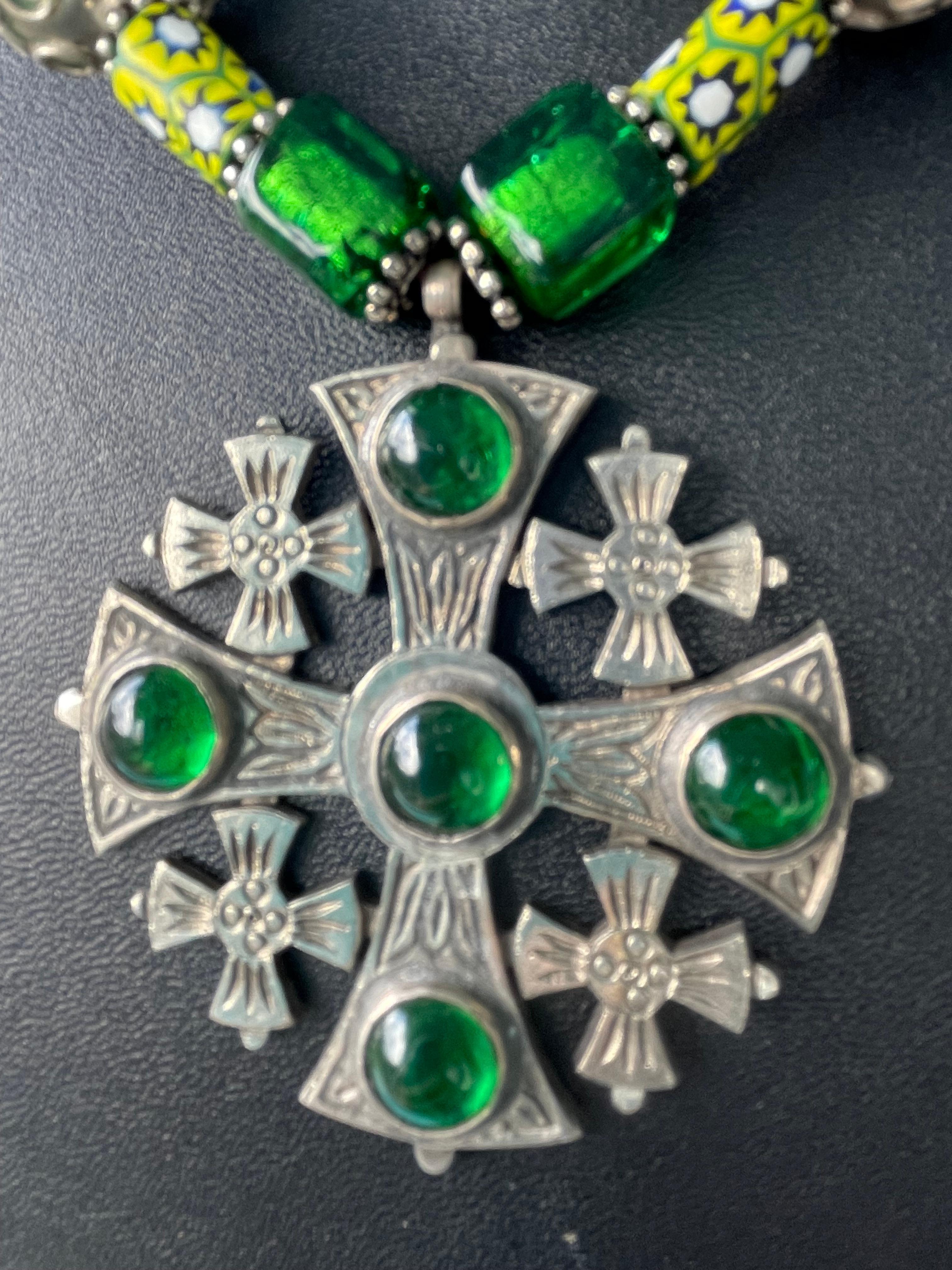 LB offers Sterling Jerusalem Cross pendant Venetian Tibetan trade beads necklace For Sale 3