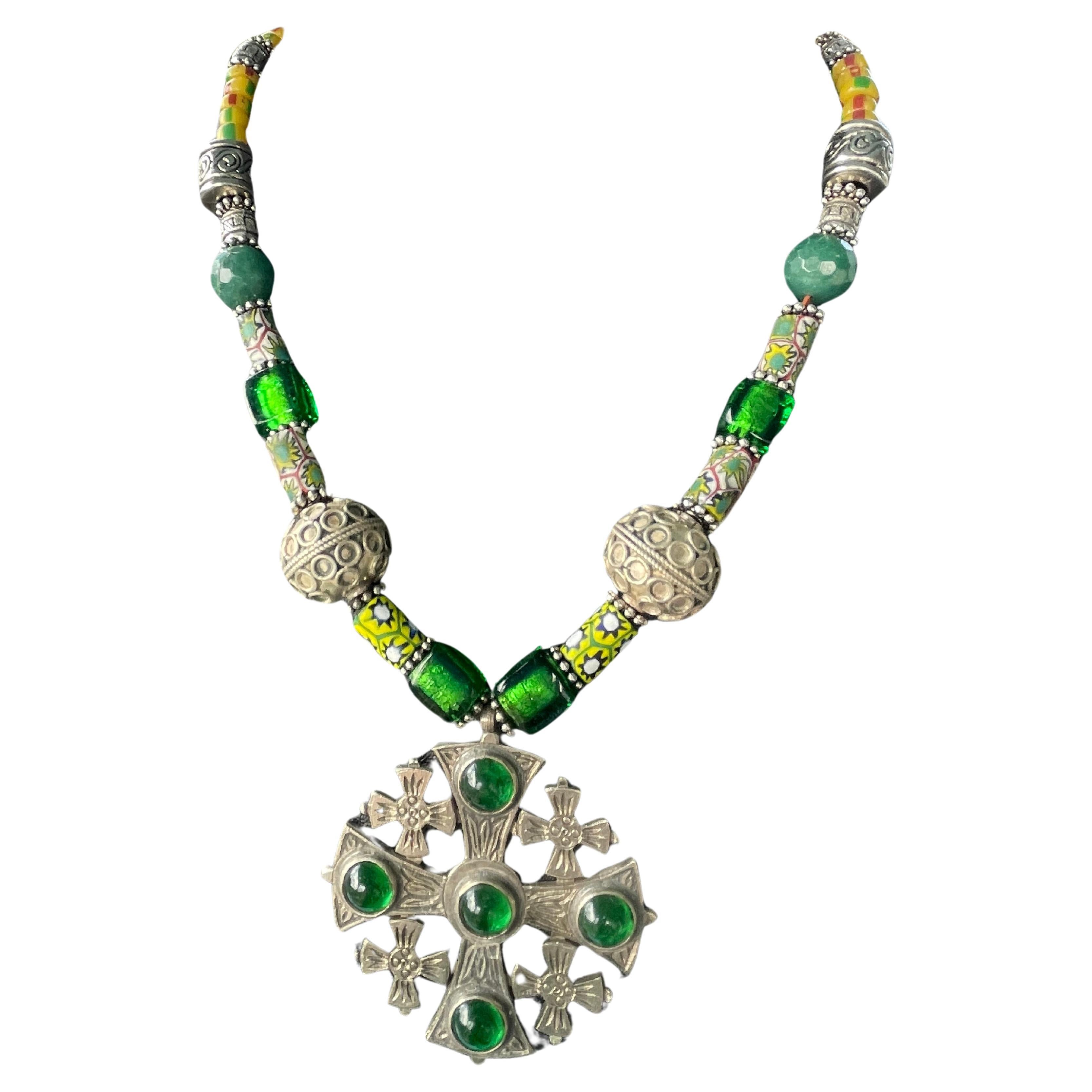 LB offers Sterling Jerusalem Cross pendant Venetian Tibetan trade beads necklace For Sale
