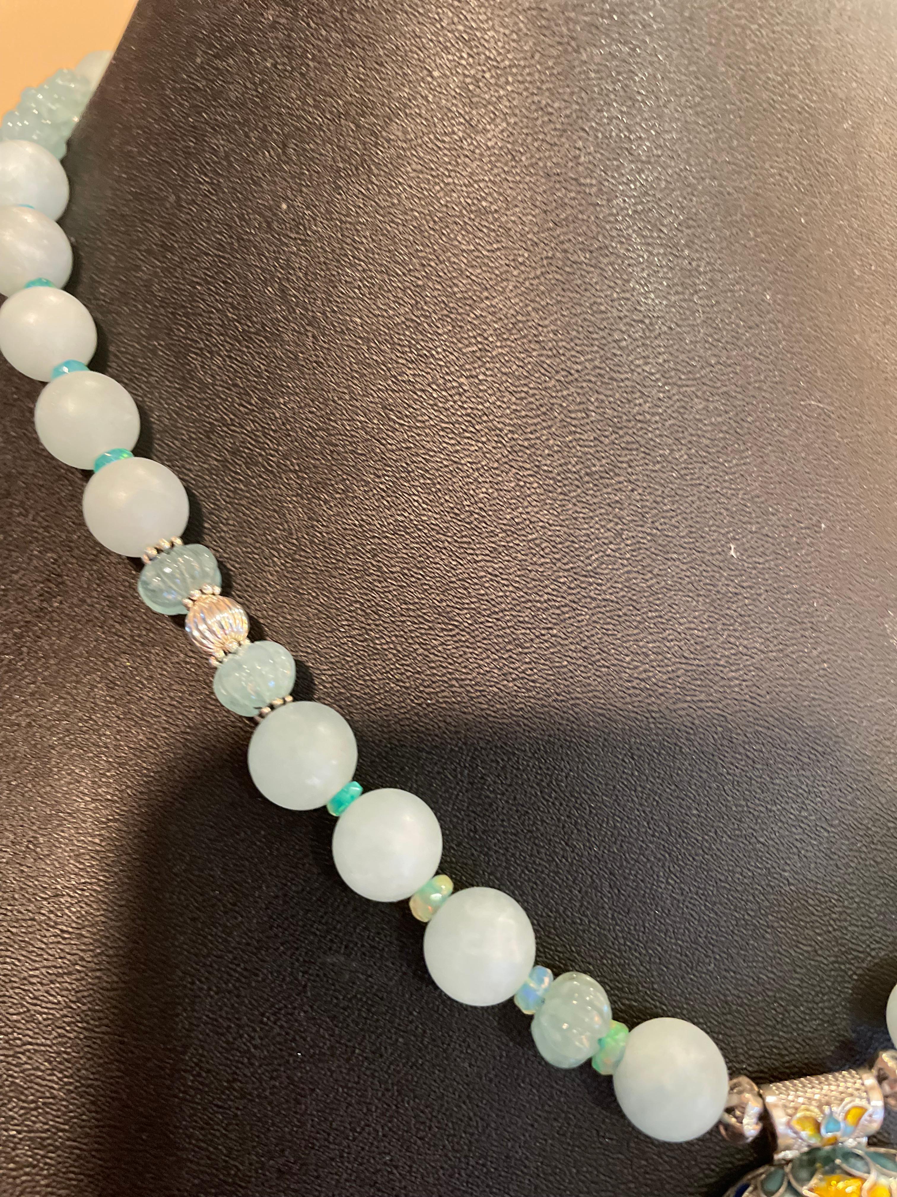 LB offre Collier pendentif chinois en argent sterling verre aigue-marine opale émail Neuf - En vente à Pittsburgh, PA