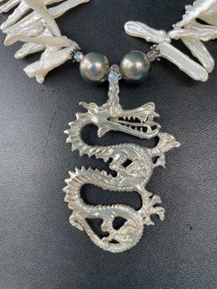 LB offers Sterling Silver Vintage Chinese Dragon pendant necklace Biwa Pearls