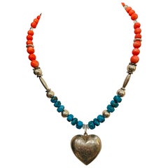 LB offers Sterling Silver Vintage Heart Coral Turquoise Mexican beads Necklace