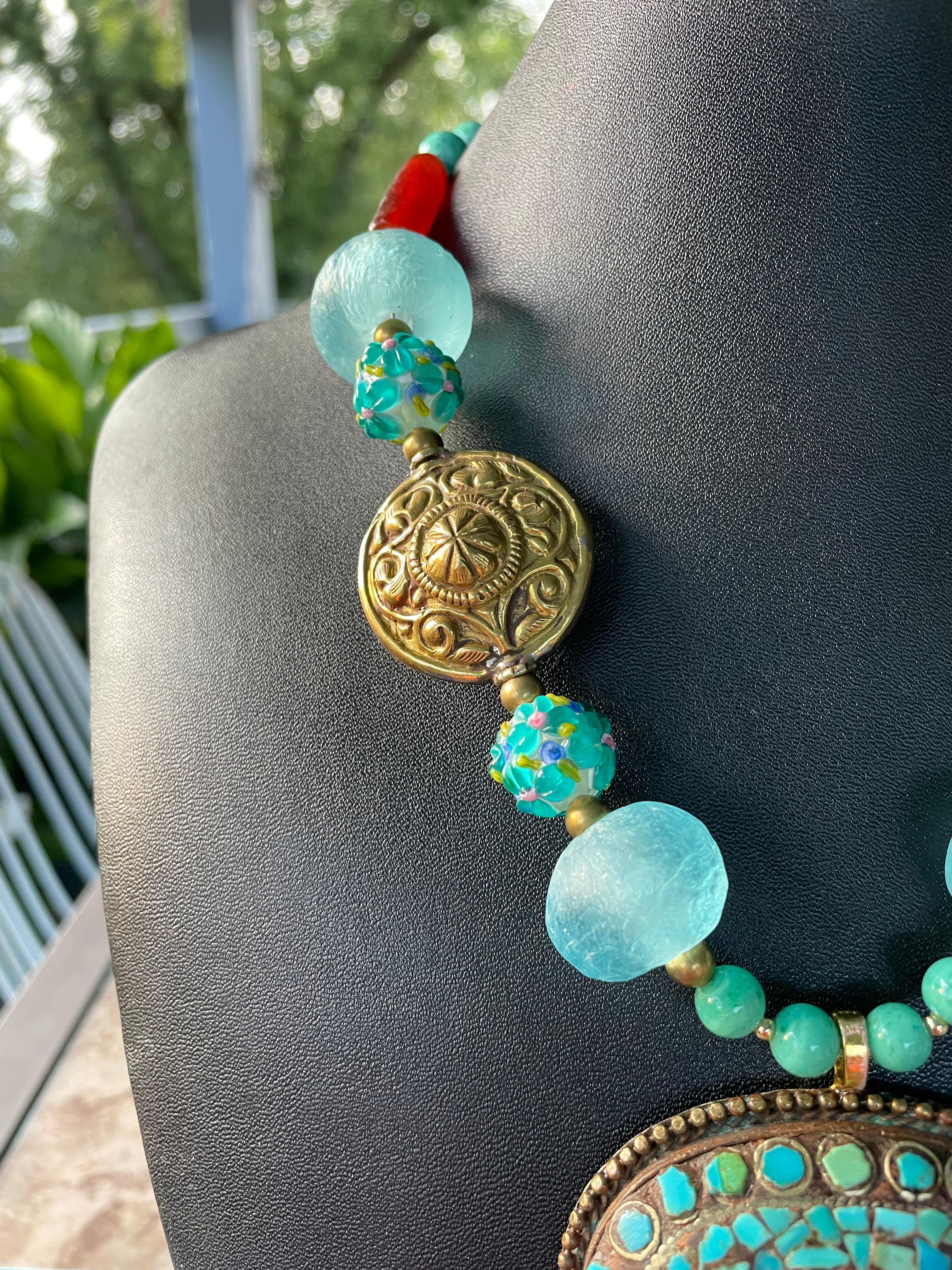 Artisan LB offers Tibetan Amber Turquoise inlaid pendant Brass Art Glass Agate Necklace