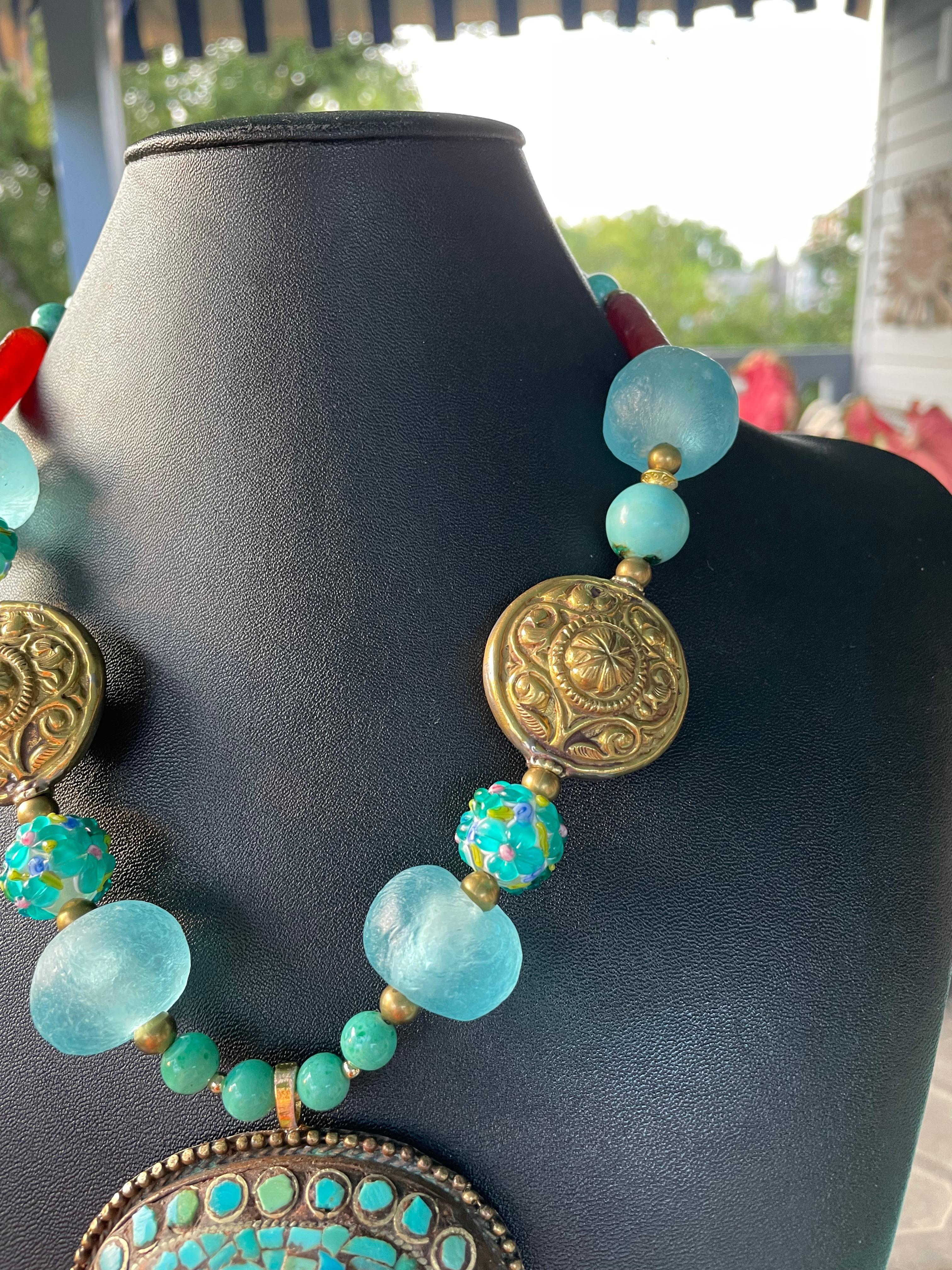 Bead LB offers Tibetan Amber Turquoise inlaid pendant Brass Art Glass Agate Necklace