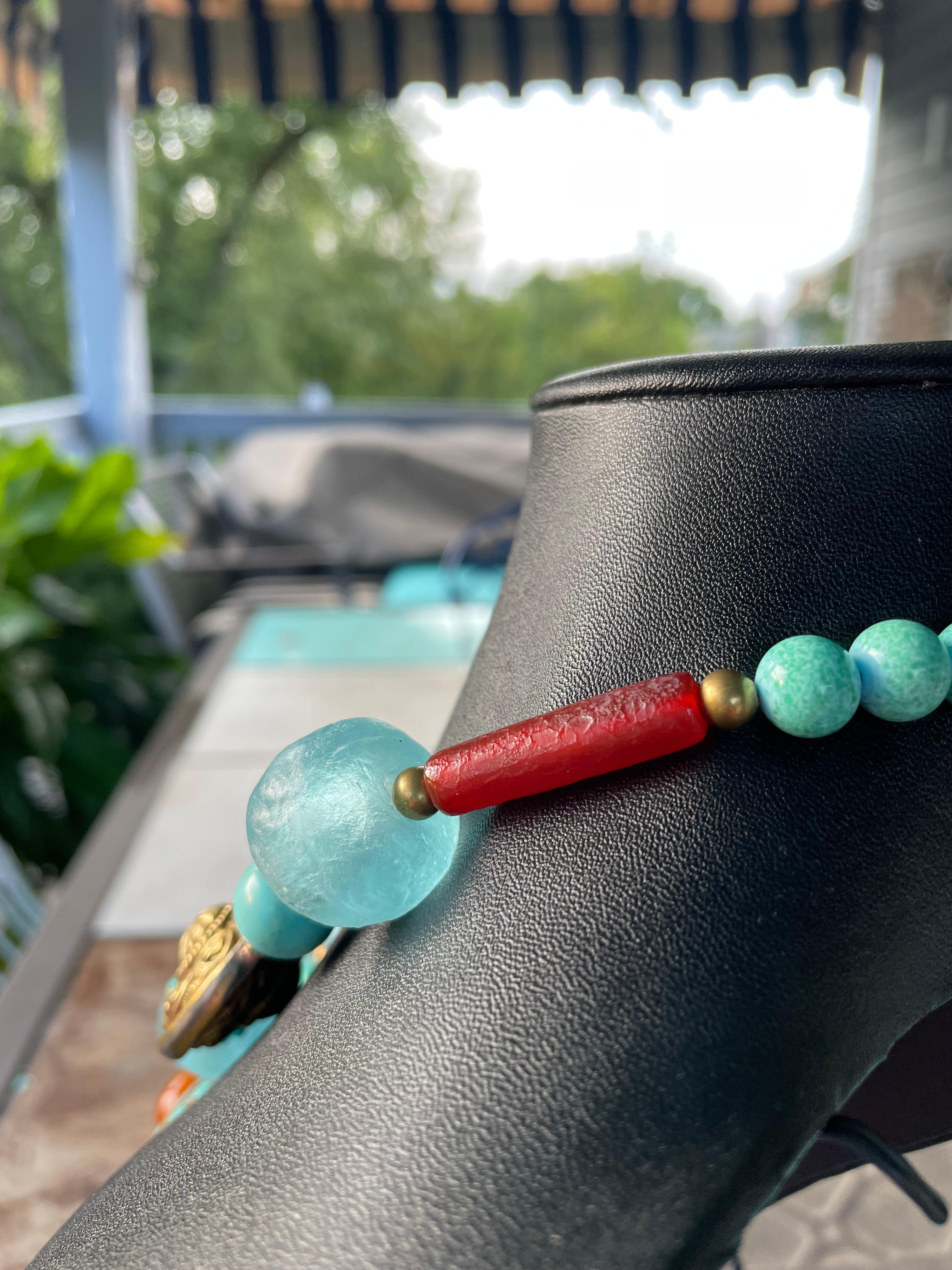 LB offers Tibetan Amber Turquoise inlaid pendant Brass Art Glass Agate Necklace In Good Condition In Pittsburgh, PA