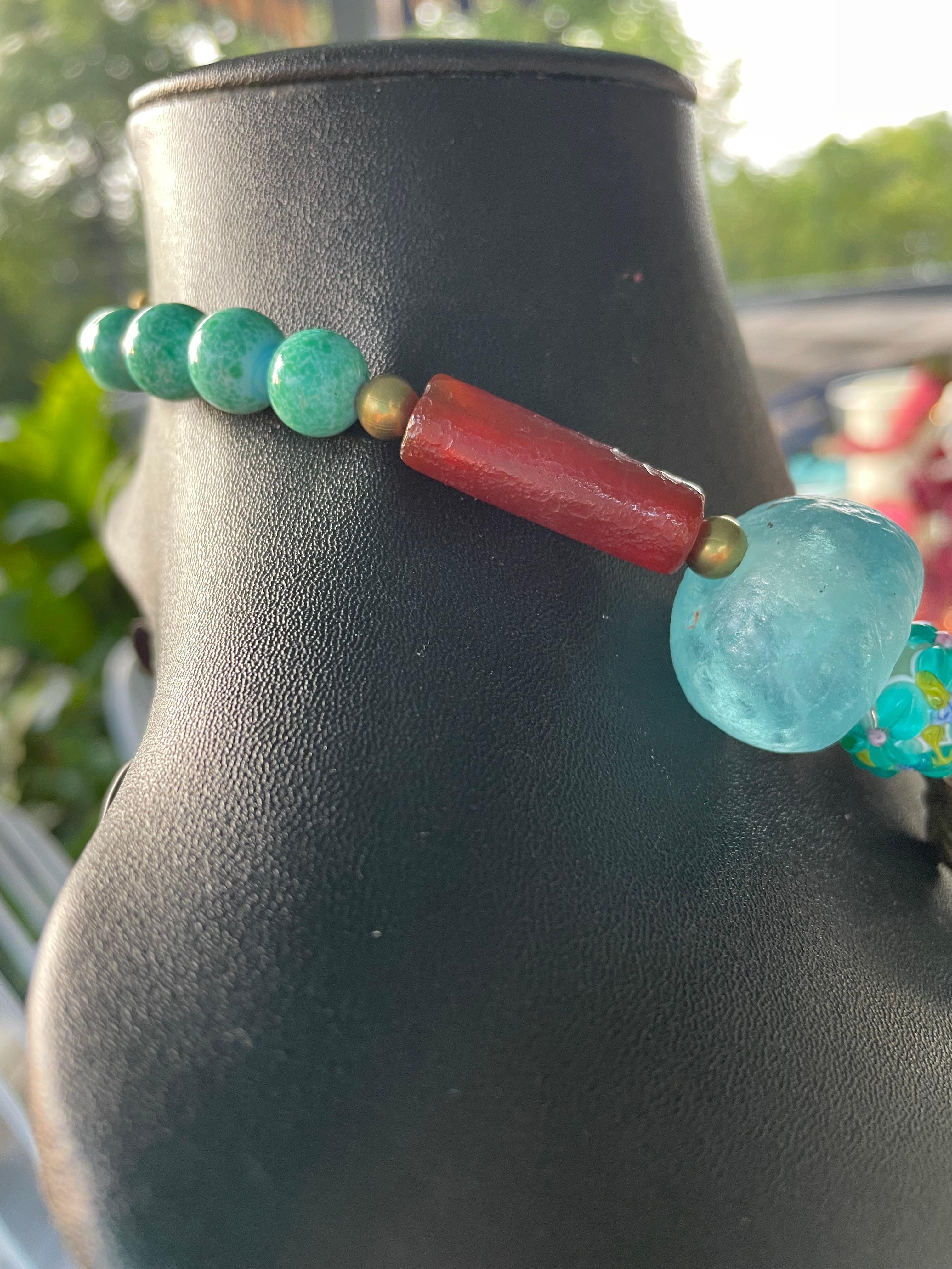 Women's or Men's LB offers Tibetan Amber Turquoise inlaid pendant Brass Art Glass Agate Necklace