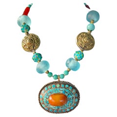 LB offers Tibetan Amber Turquoise inlaid pendant Brass Art Glass Agate Necklace
