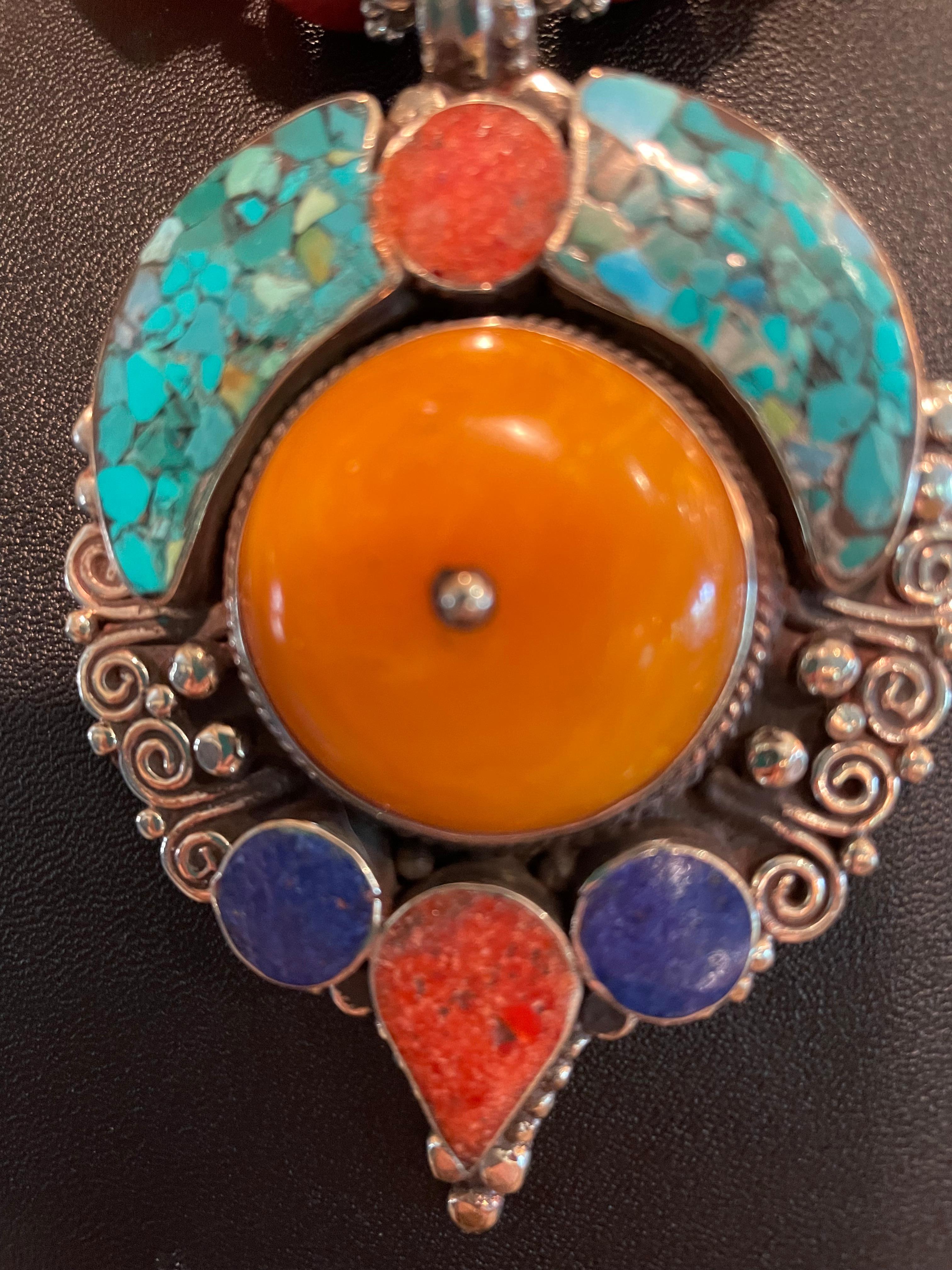 Artisan LB offers Tibetan inlaid pendant French Bakelite Lapis Coral Turquoise Necklace