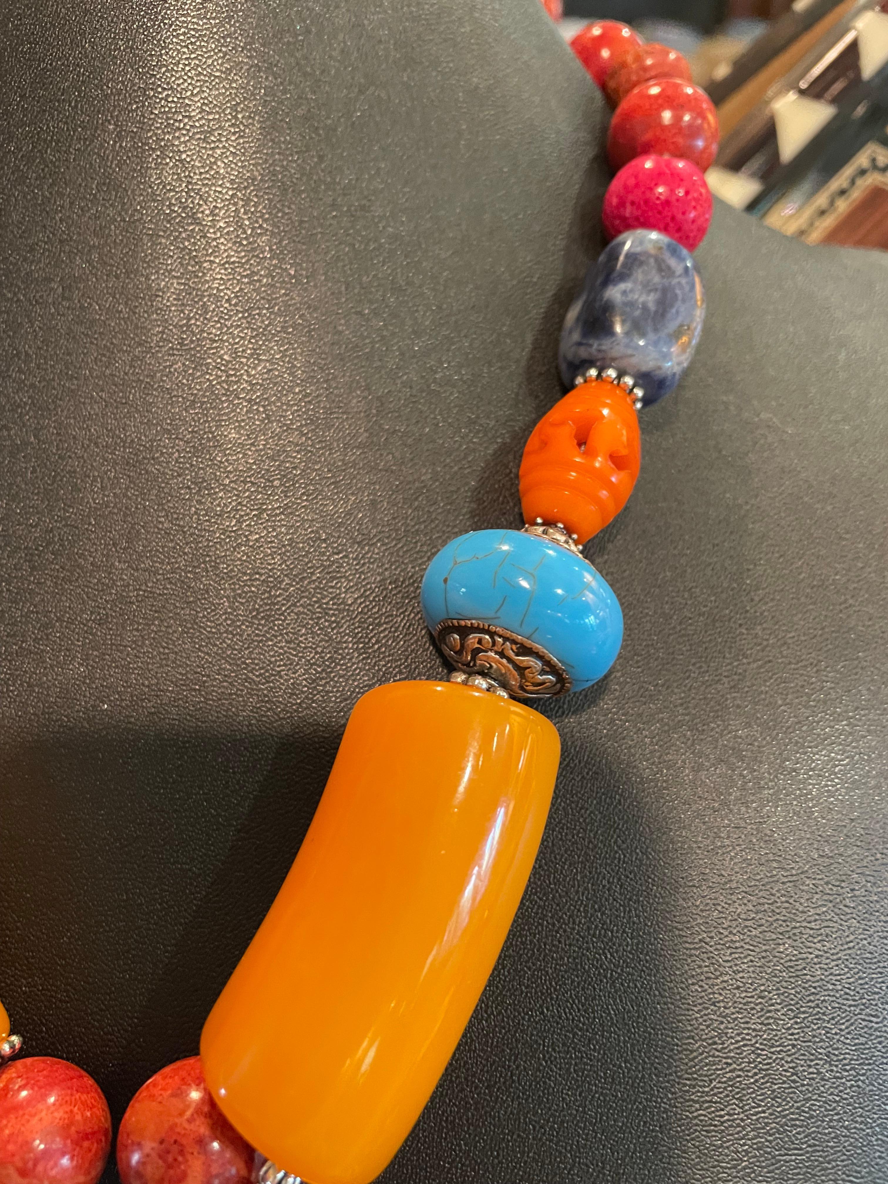 LB offers Tibetan inlaid pendant French Bakelite Lapis Coral Turquoise Necklace In Good Condition In Pittsburgh, PA