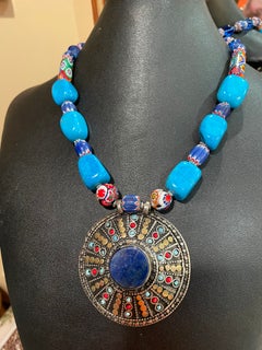 LB offers Tibetan inlaid pendant Turquoise Vintage Venetian Trade Beads necklace
