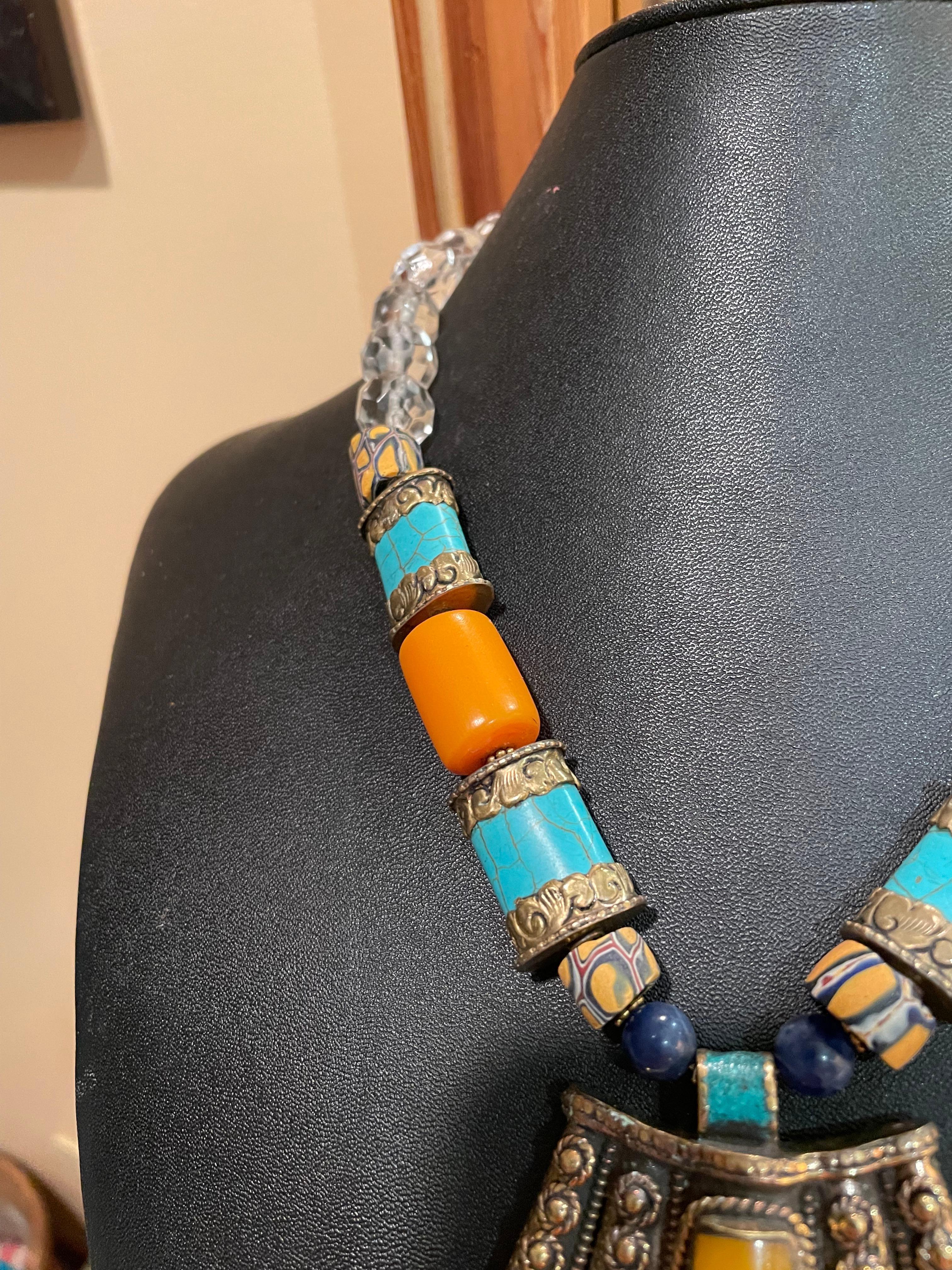 Artisan LB offers Tibetan inlaid pendant Venetian glass Resin Crystal Turquoise necklace For Sale