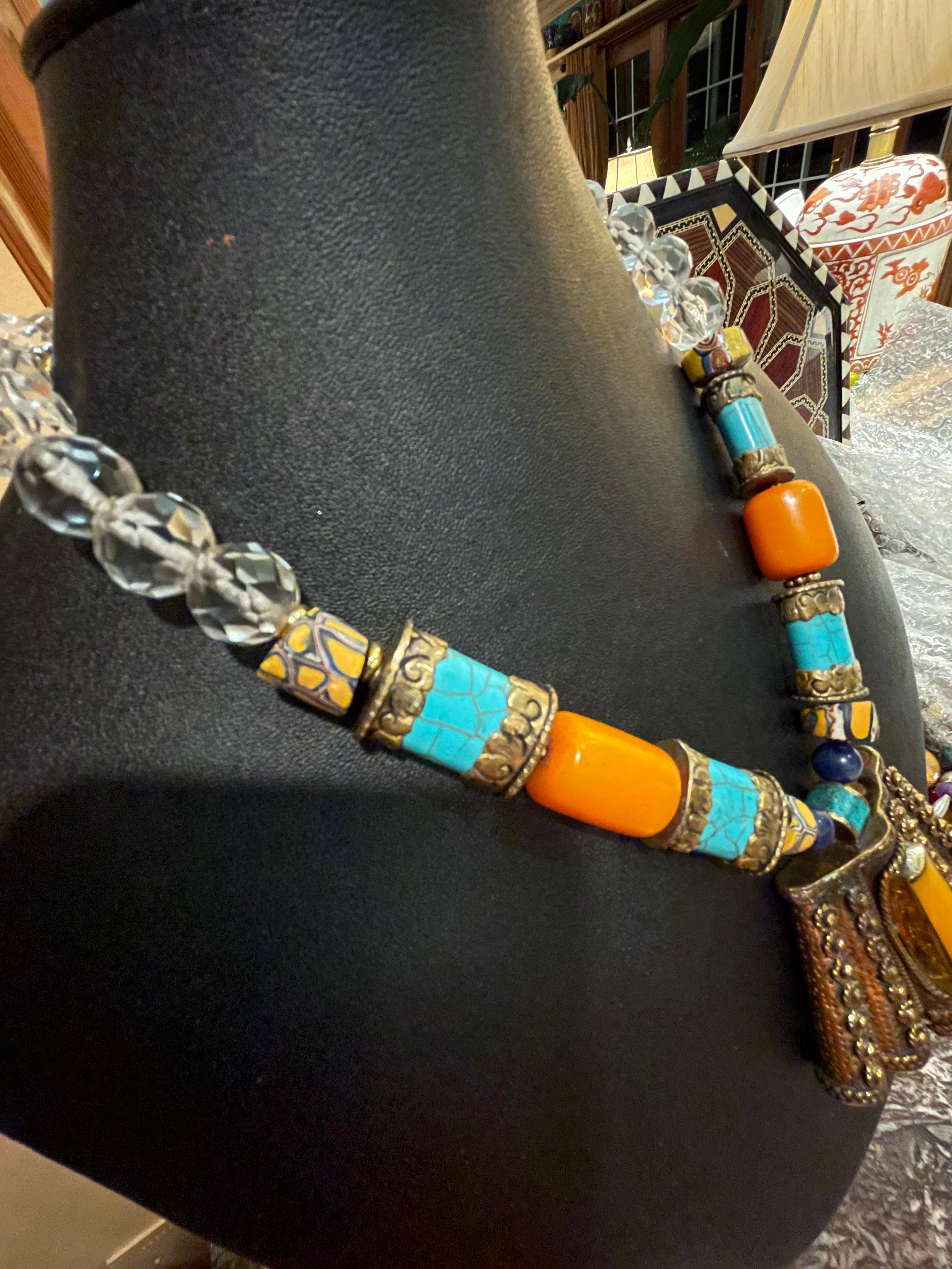 Cabochon LB offers Tibetan inlaid pendant Venetian glass Resin Crystal Turquoise necklace For Sale