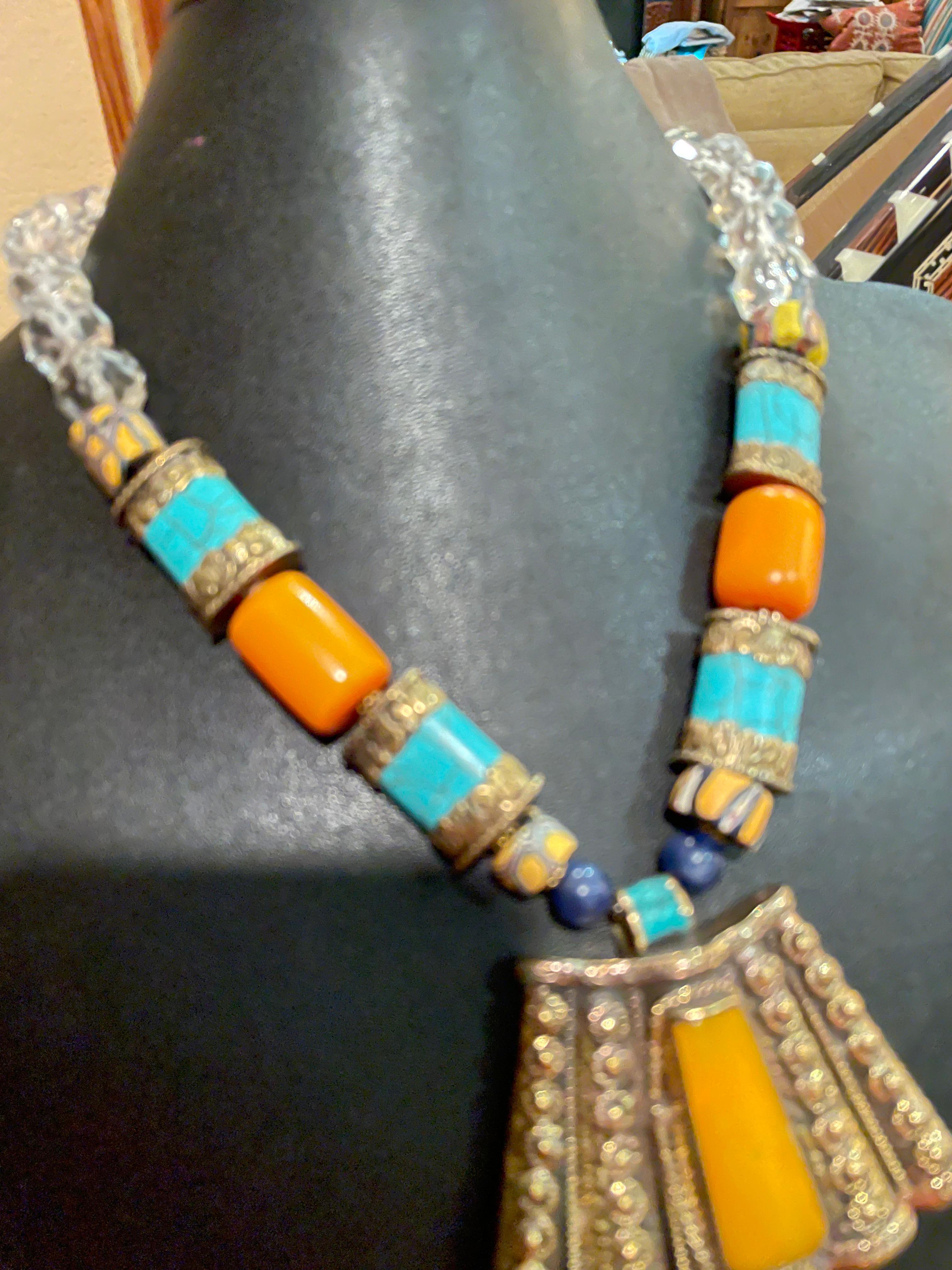 LB offers Tibetan inlaid pendant Venetian glass Resin Crystal Turquoise necklace In New Condition For Sale In Pittsburgh, PA