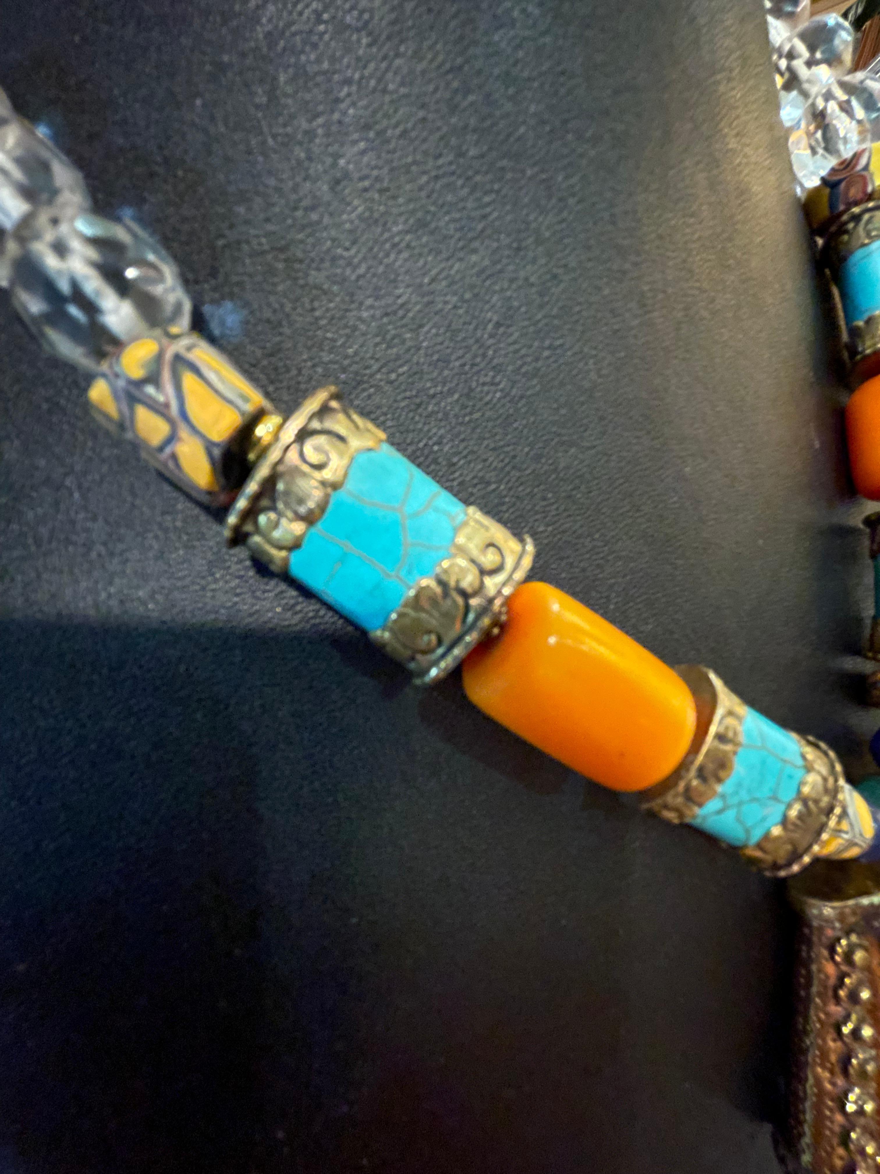 LB offers Tibetan inlaid pendant Venetian glass Resin Crystal Turquoise necklace For Sale 1