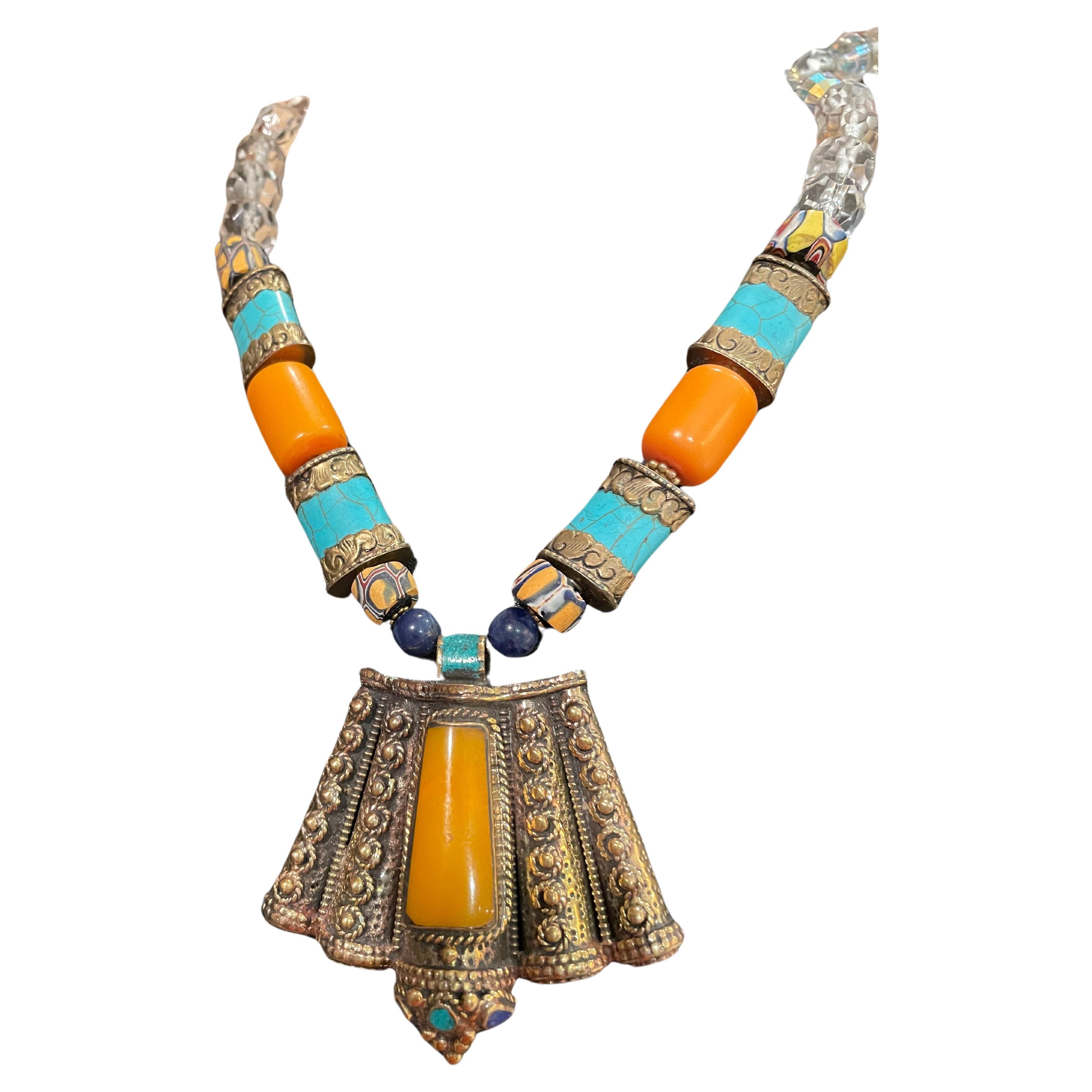 LB offers Tibetan inlaid pendant Venetian glass Resin Crystal Turquoise necklace For Sale