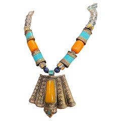 Retro LB offers Tibetan inlaid pendant Venetian glass Resin Crystal Turquoise necklace