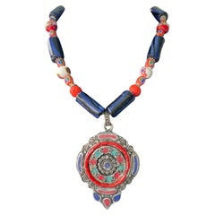 LB offers Tibetan inlaid pendant Venetian trade Beads Glass Sterling Necklace