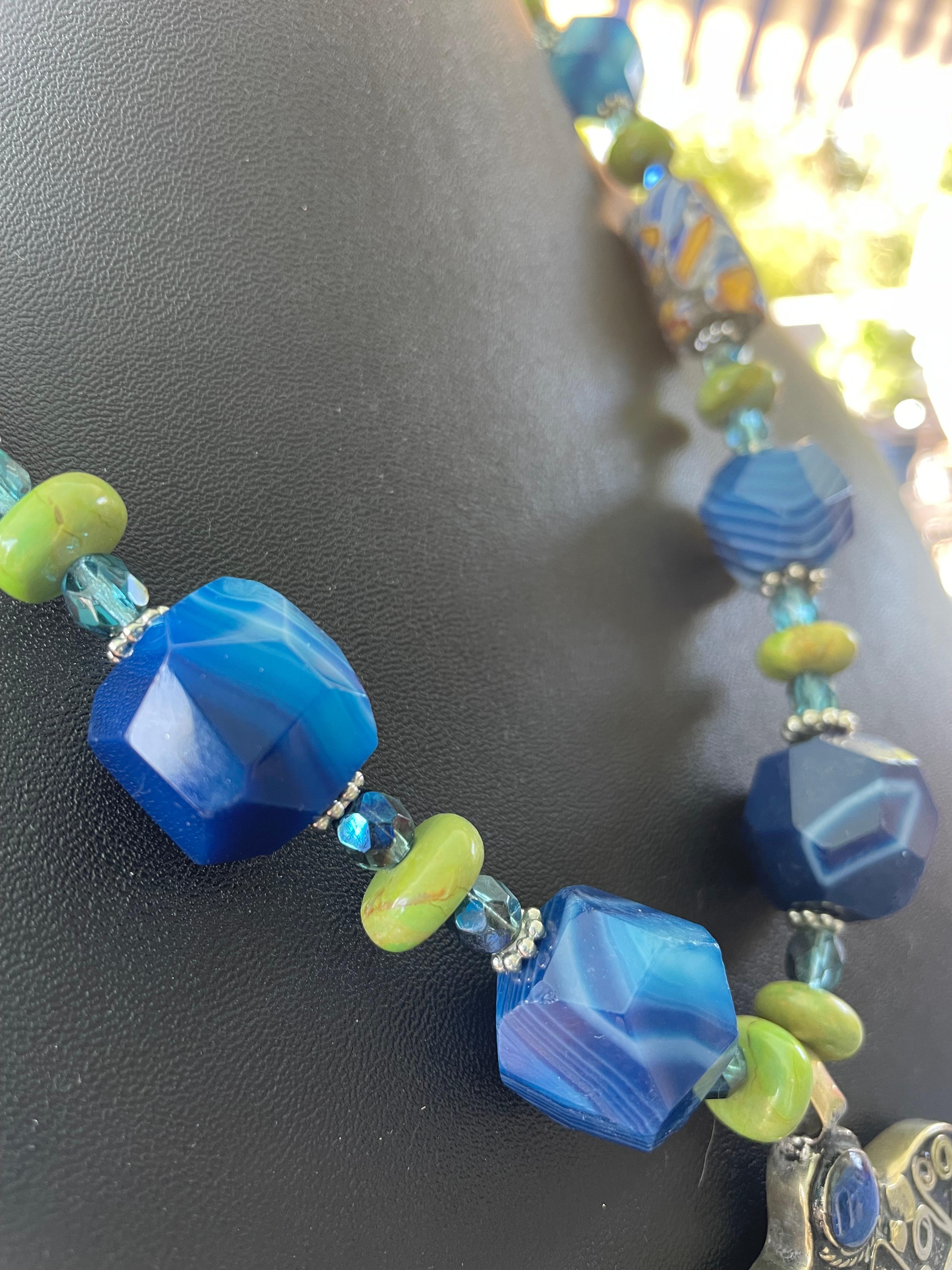 Women's or Men's LB offers Tibetan Silver Lapis pendant Blue Agates Turquoise Venetian necklace For Sale