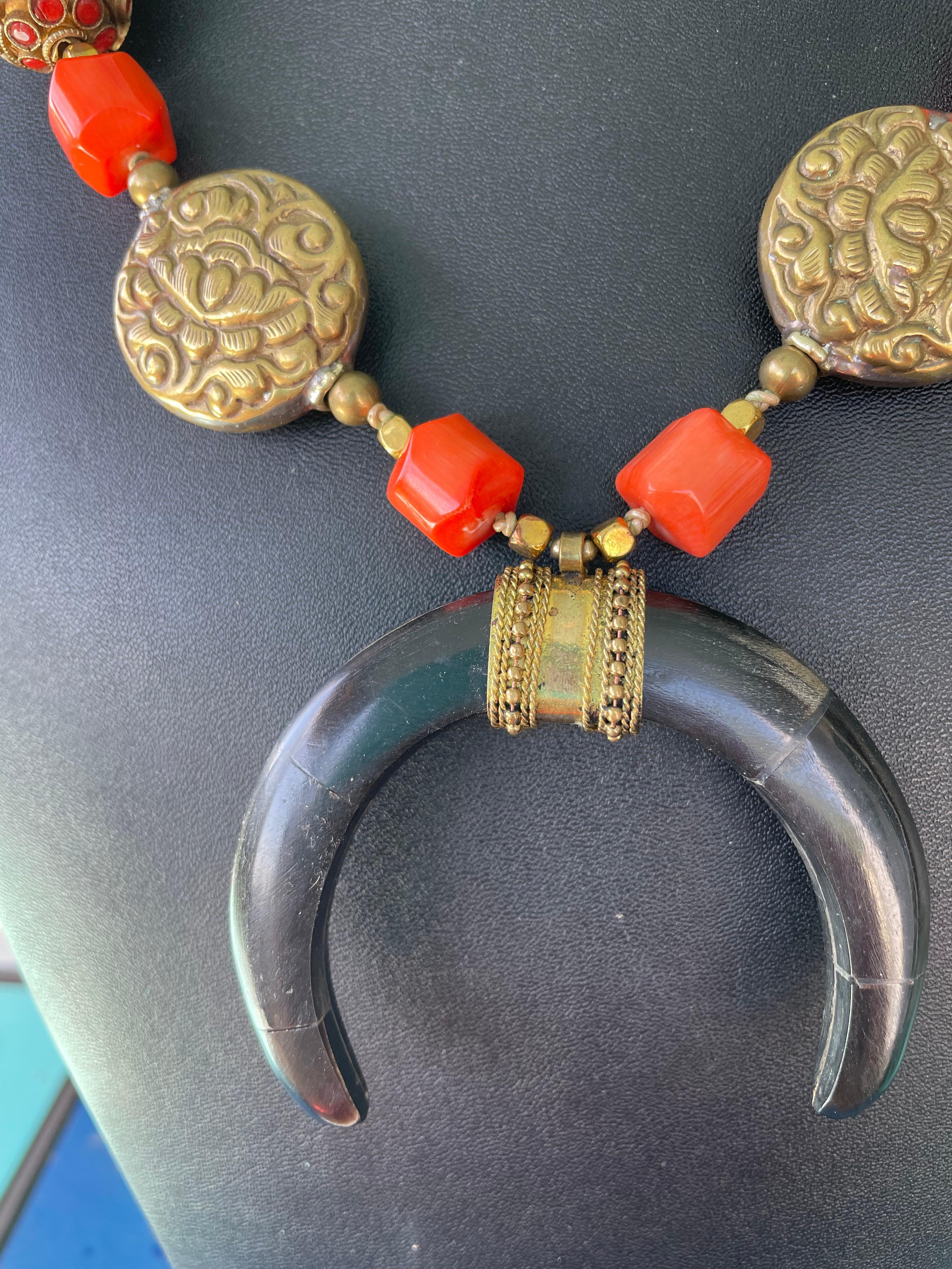 Artisan LB offers Tribal Horn Naja Pendant Tibetan brass orange Coral Wooden necklace For Sale