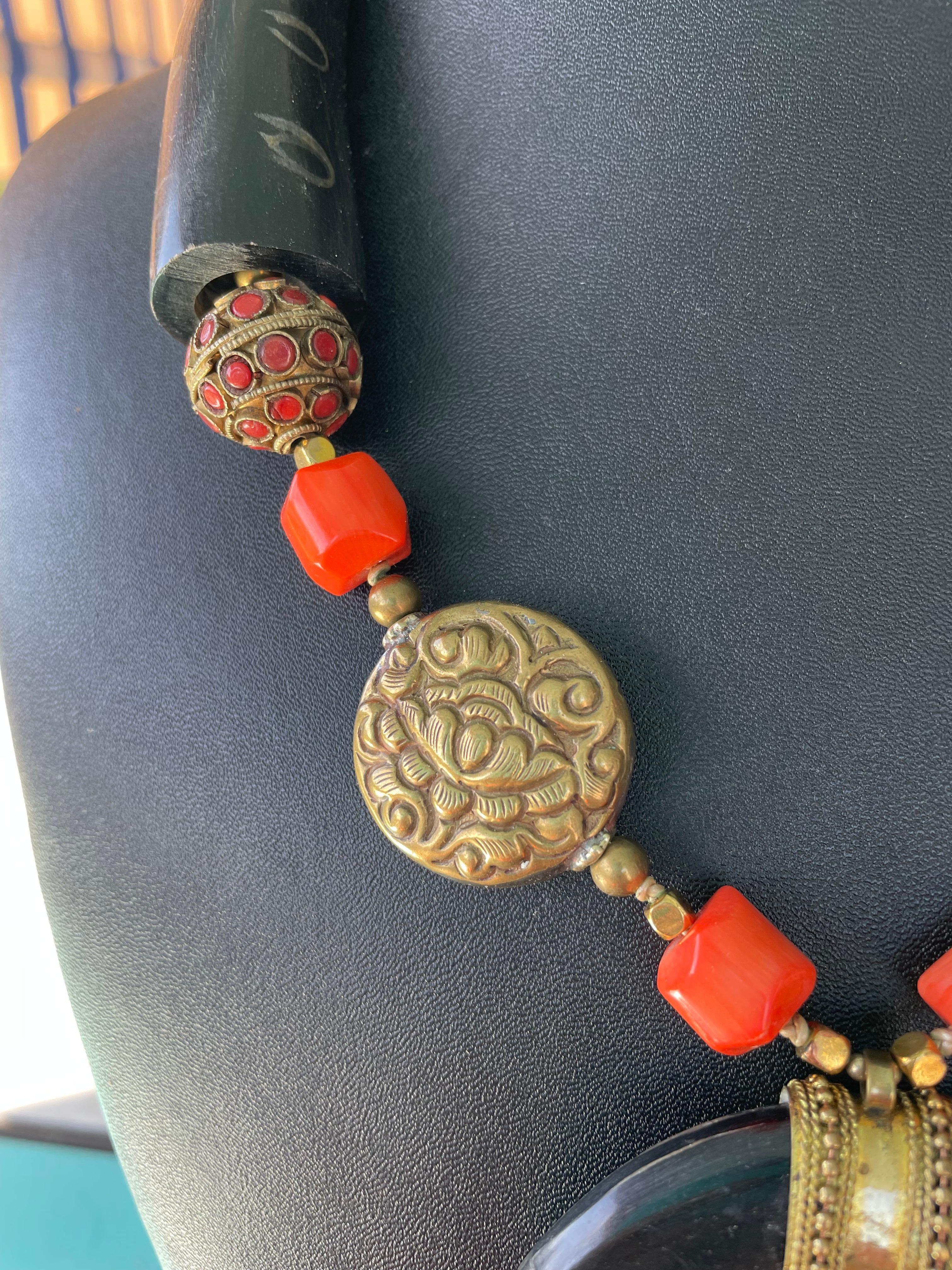 Bead LB offers Tribal Horn Naja Pendant Tibetan brass orange Coral Wooden necklace For Sale