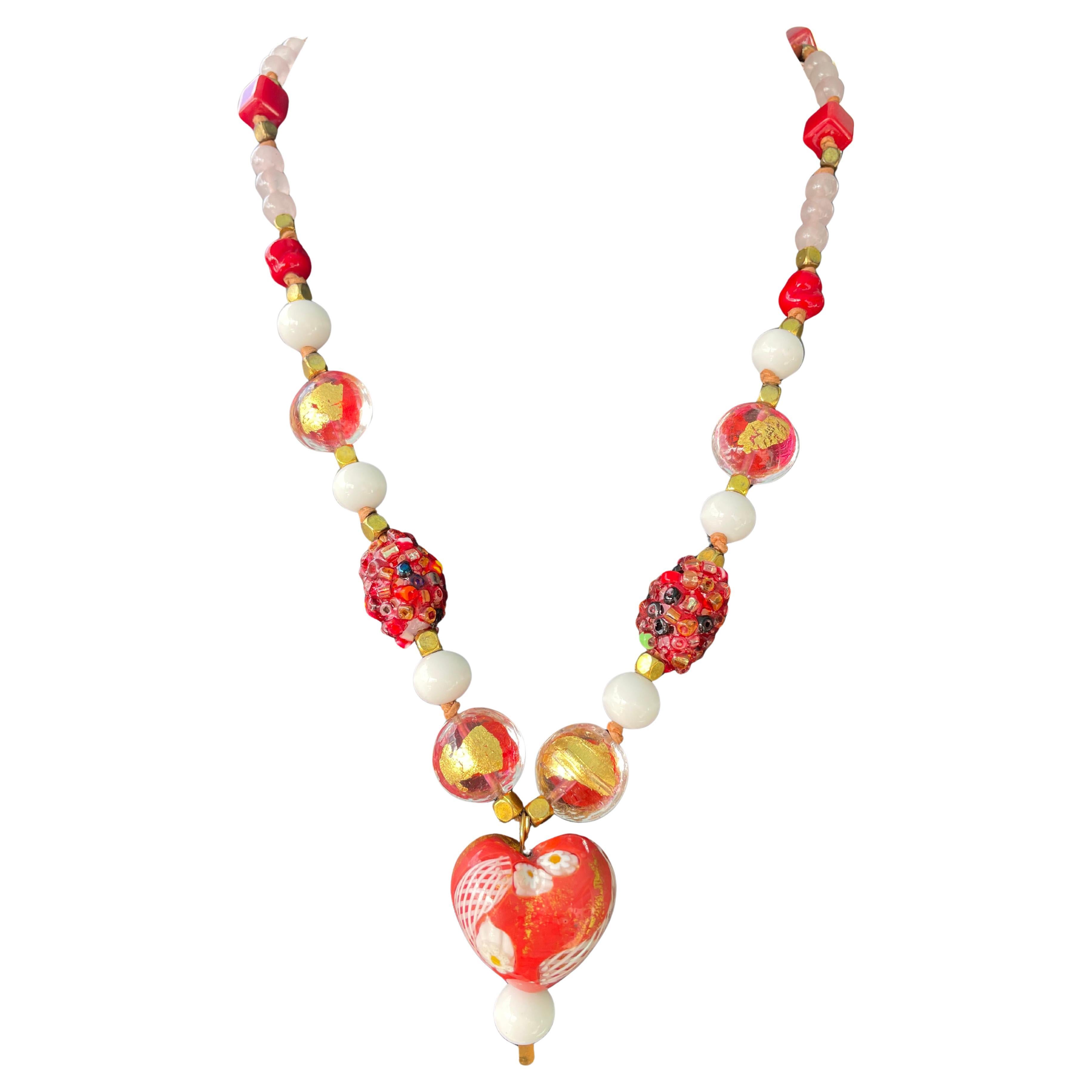 LB offers Venetian Glass Heart Pendant Vintage Venetian beads Quartz Necklace
