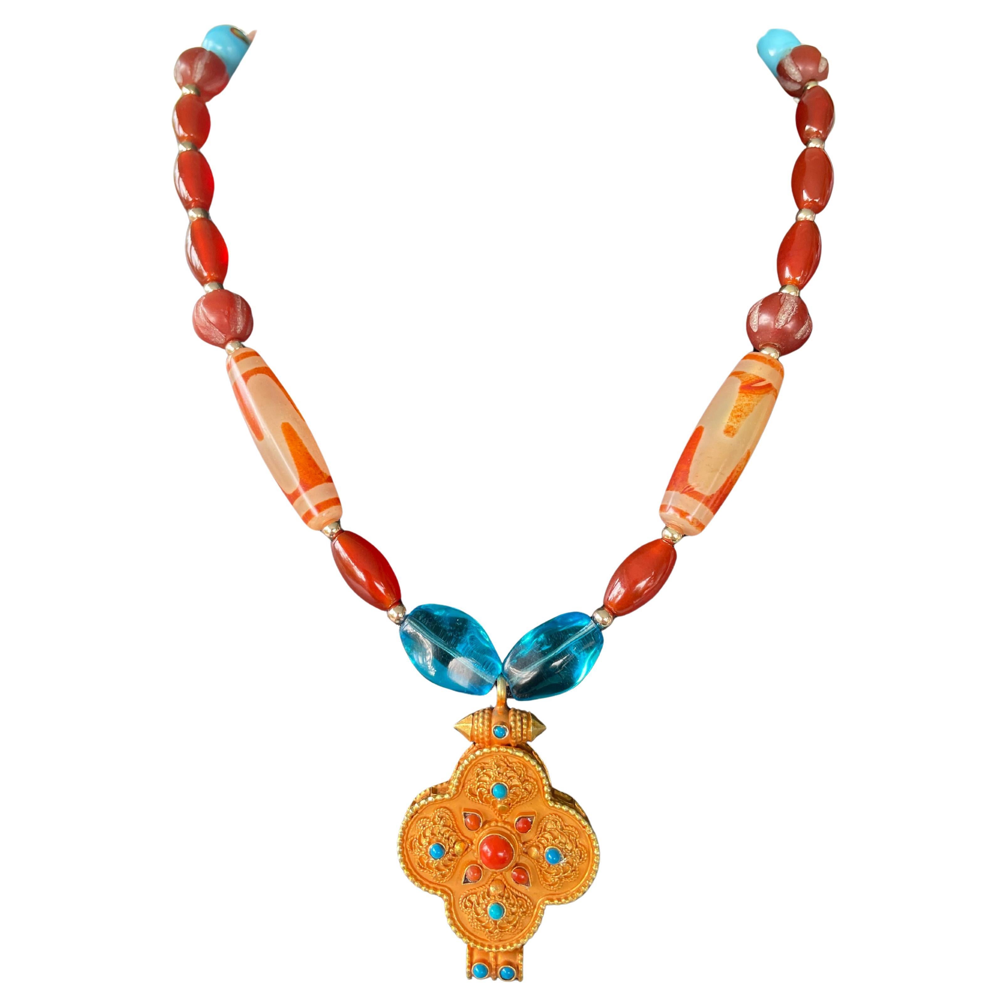 LB offre Vermeil Pendentif Népalais Cornaline Agate Verre Vénitien Collier