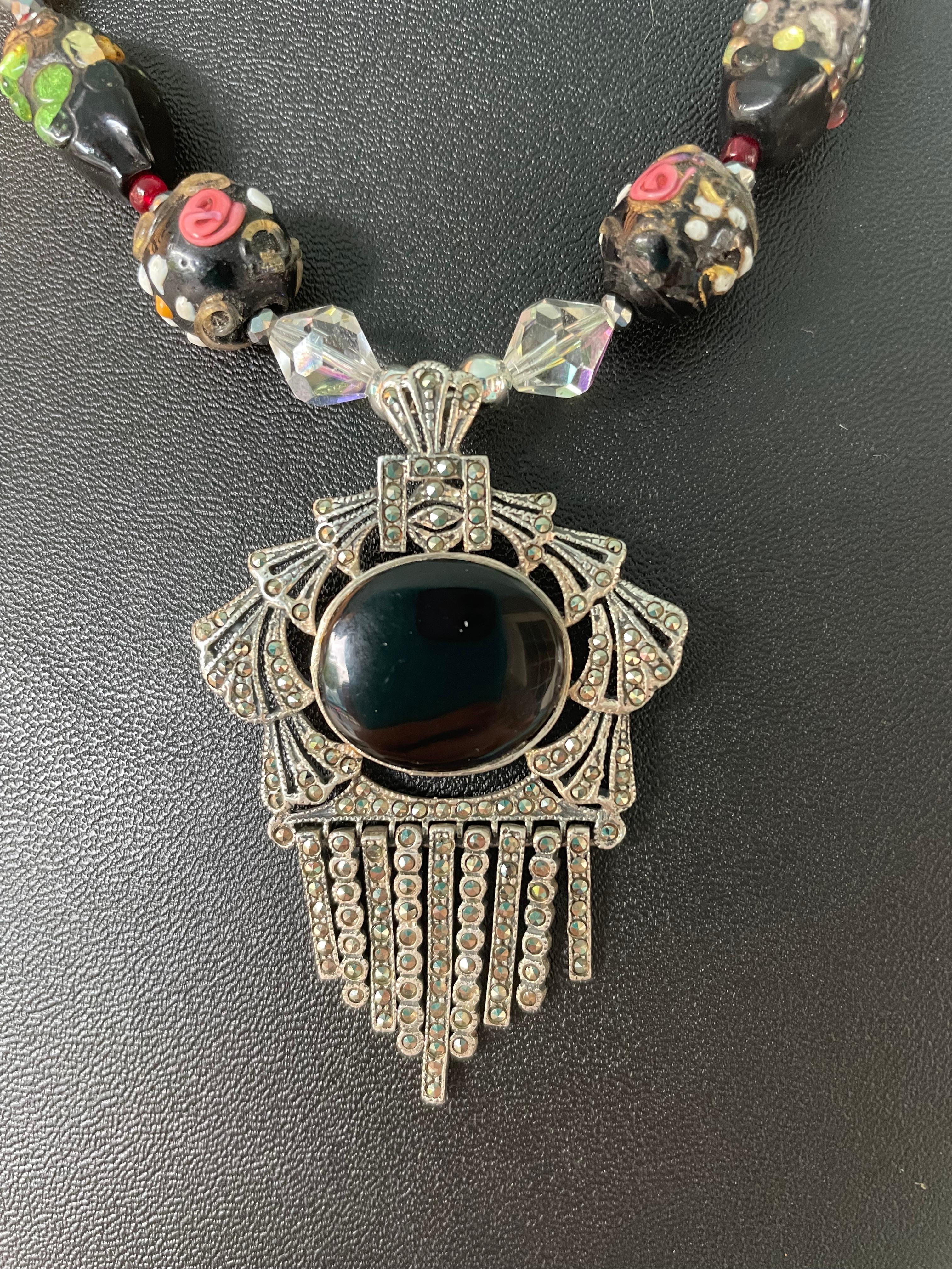 LB ofrece estilo victoriano SS Onyx Colgante cristal veneciano cristal de cuarzo Collar Victoriano tardío en venta