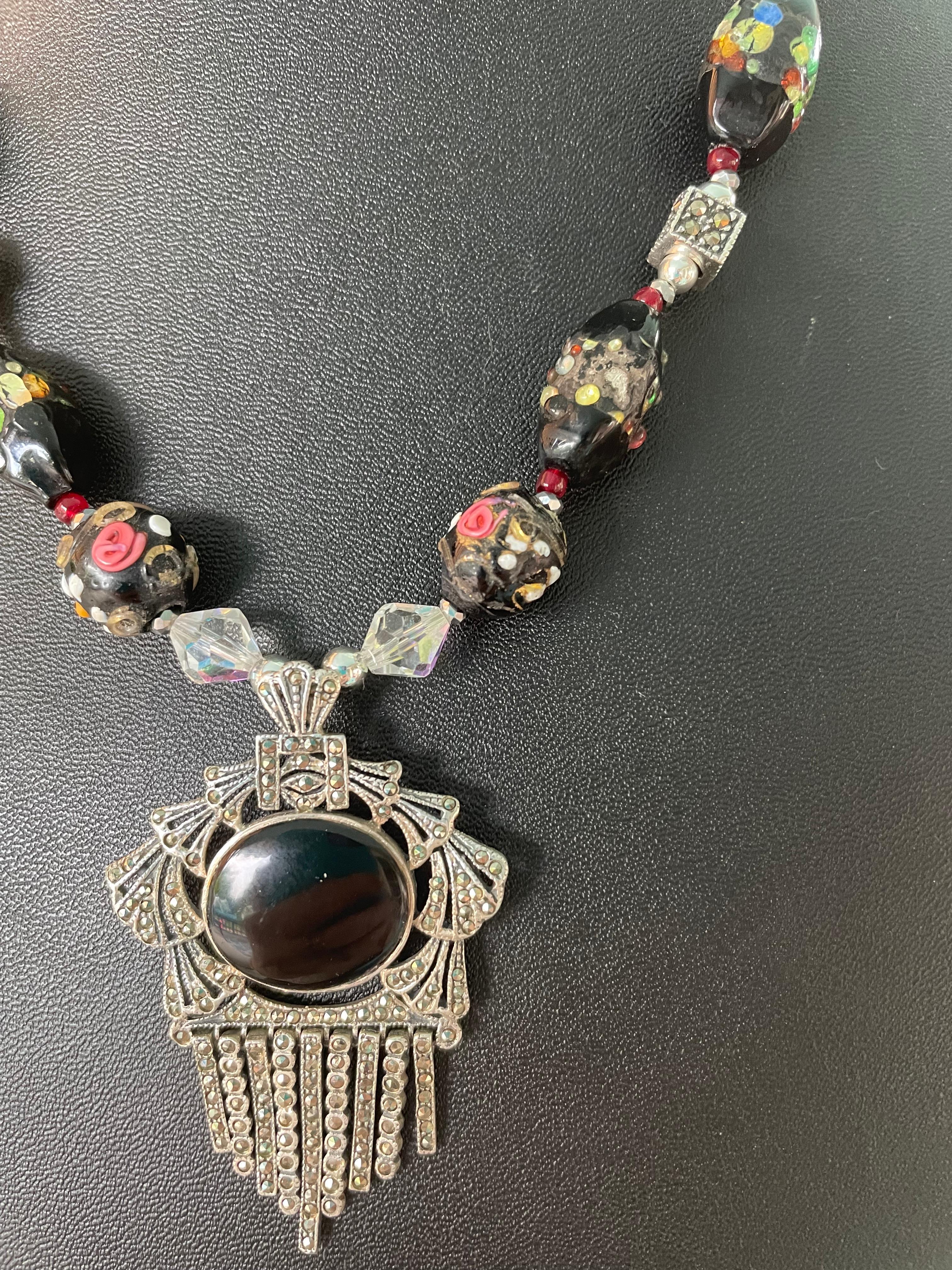 LB ofrece estilo victoriano SS Onyx Colgante cristal veneciano cristal de cuarzo Collar Cuenta en venta