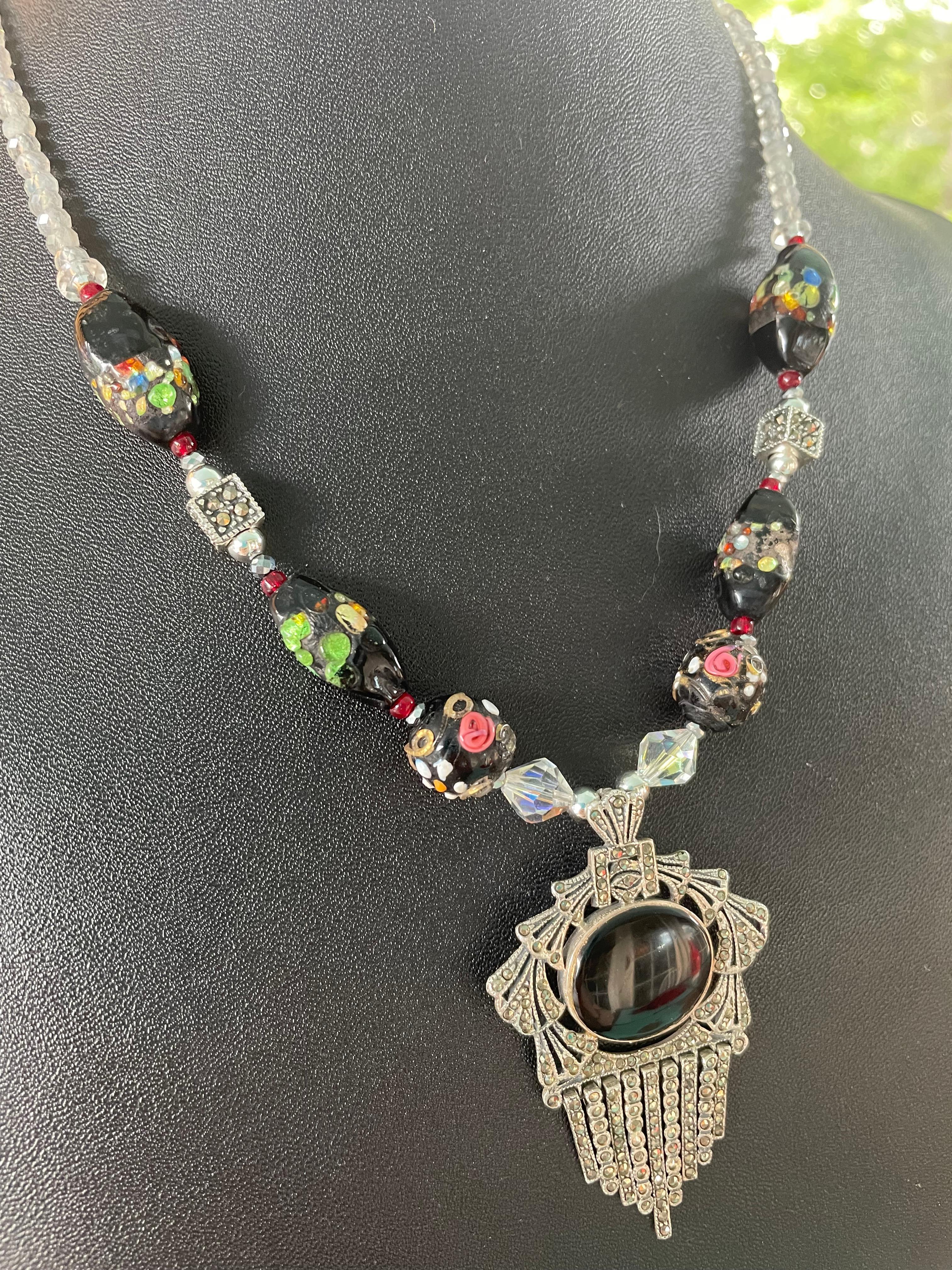 LB ofrece estilo victoriano SS Onyx Colgante cristal veneciano cristal de cuarzo Collar en venta 3