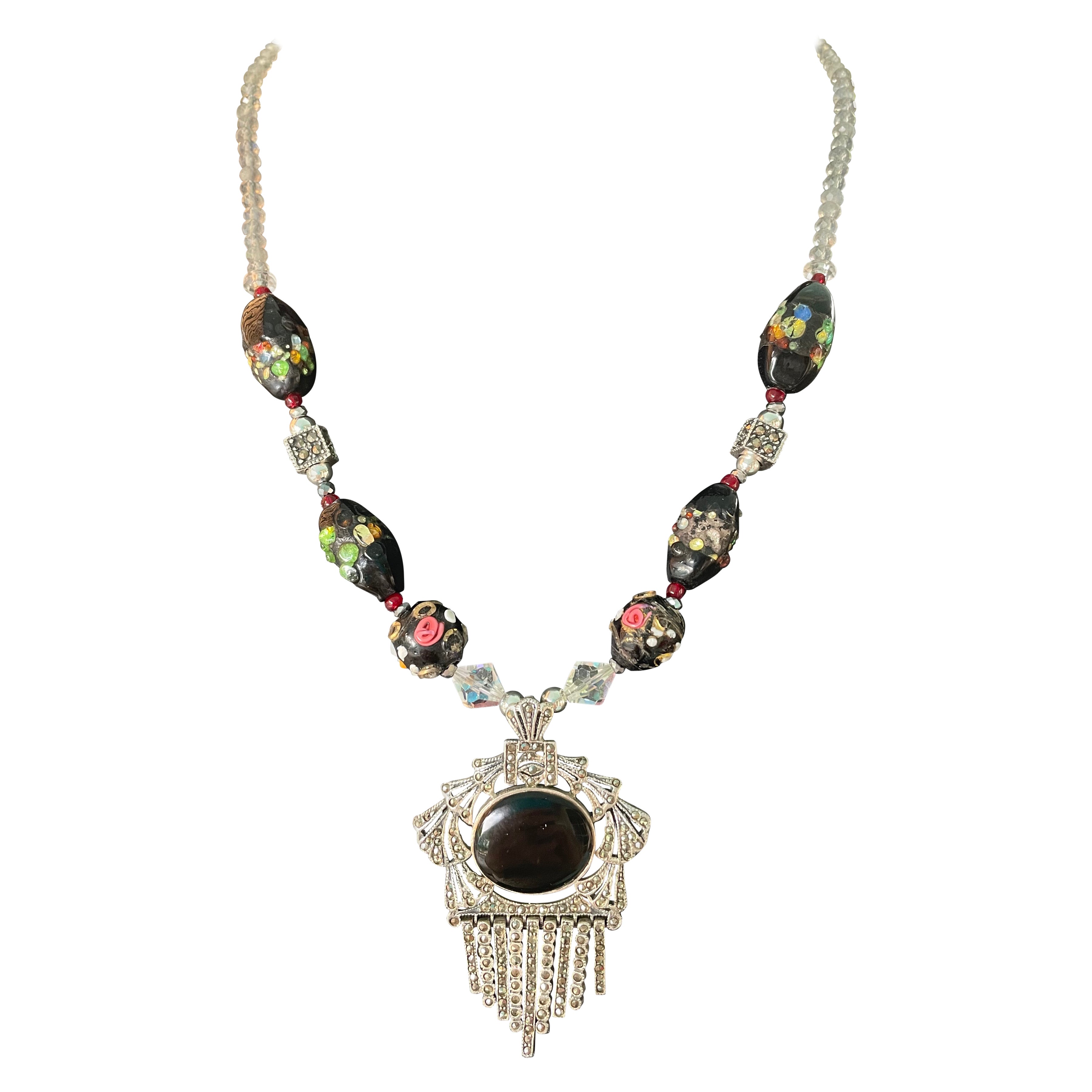 LB bietet viktorianischen Stil SS Onyx Anhänger venezianischen Glas Quarz Kristall Halskette