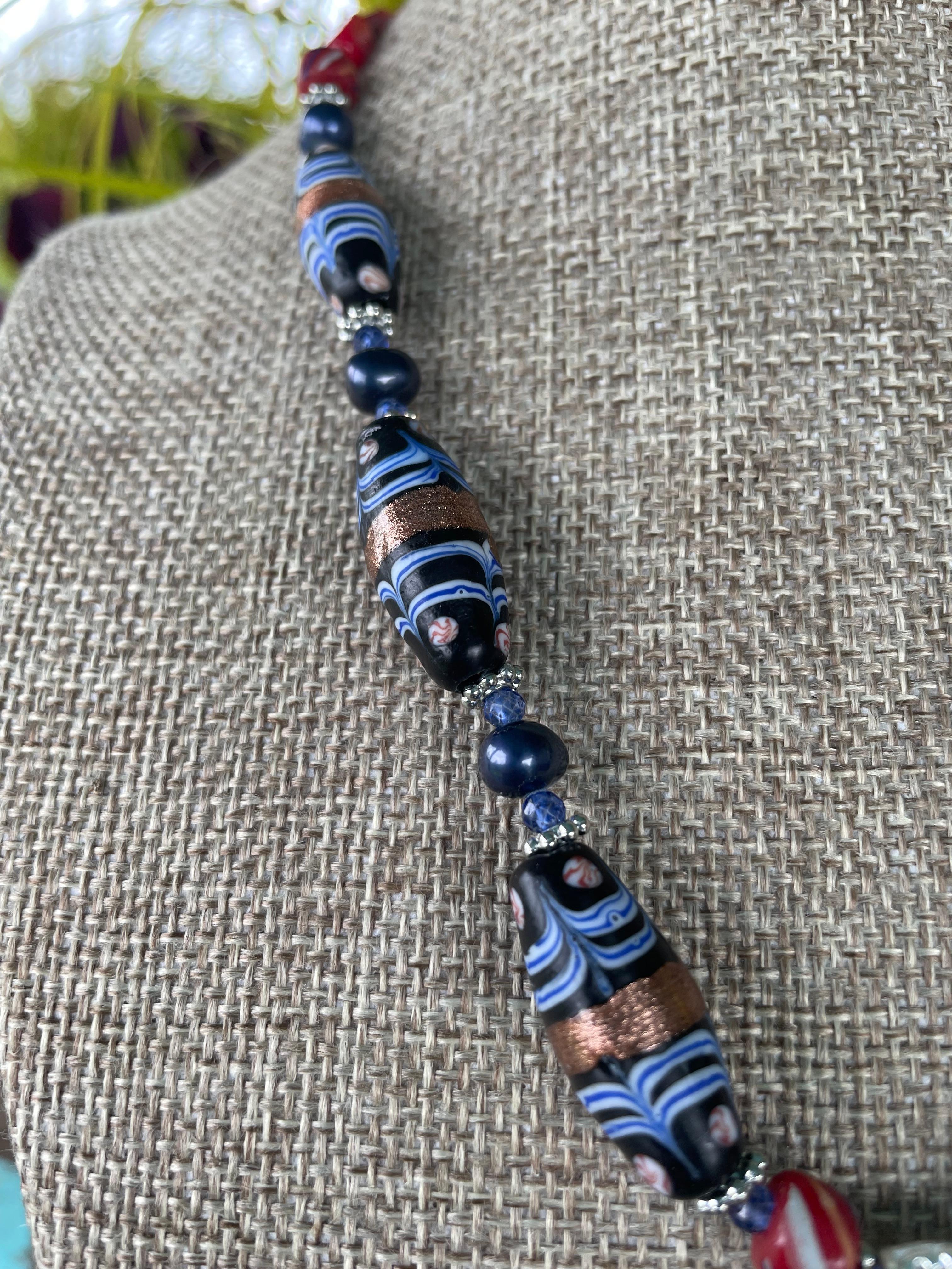 Cabochon LB offers Vintage Afghani Lapis Lazuli pendant Venetian glass vintage necklace For Sale