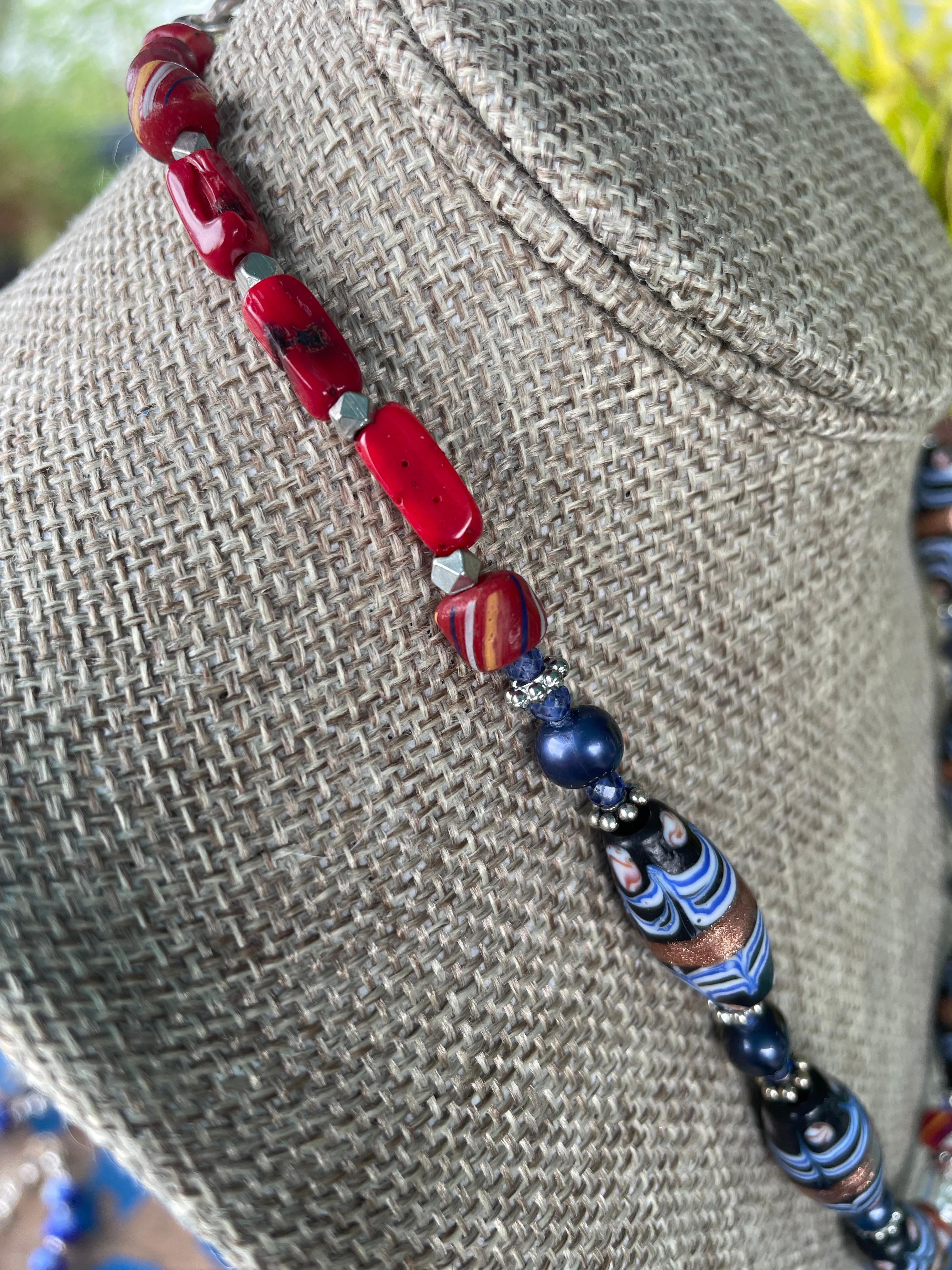 Women's or Men's LB offers Vintage Afghani Lapis Lazuli pendant Venetian glass vintage necklace For Sale