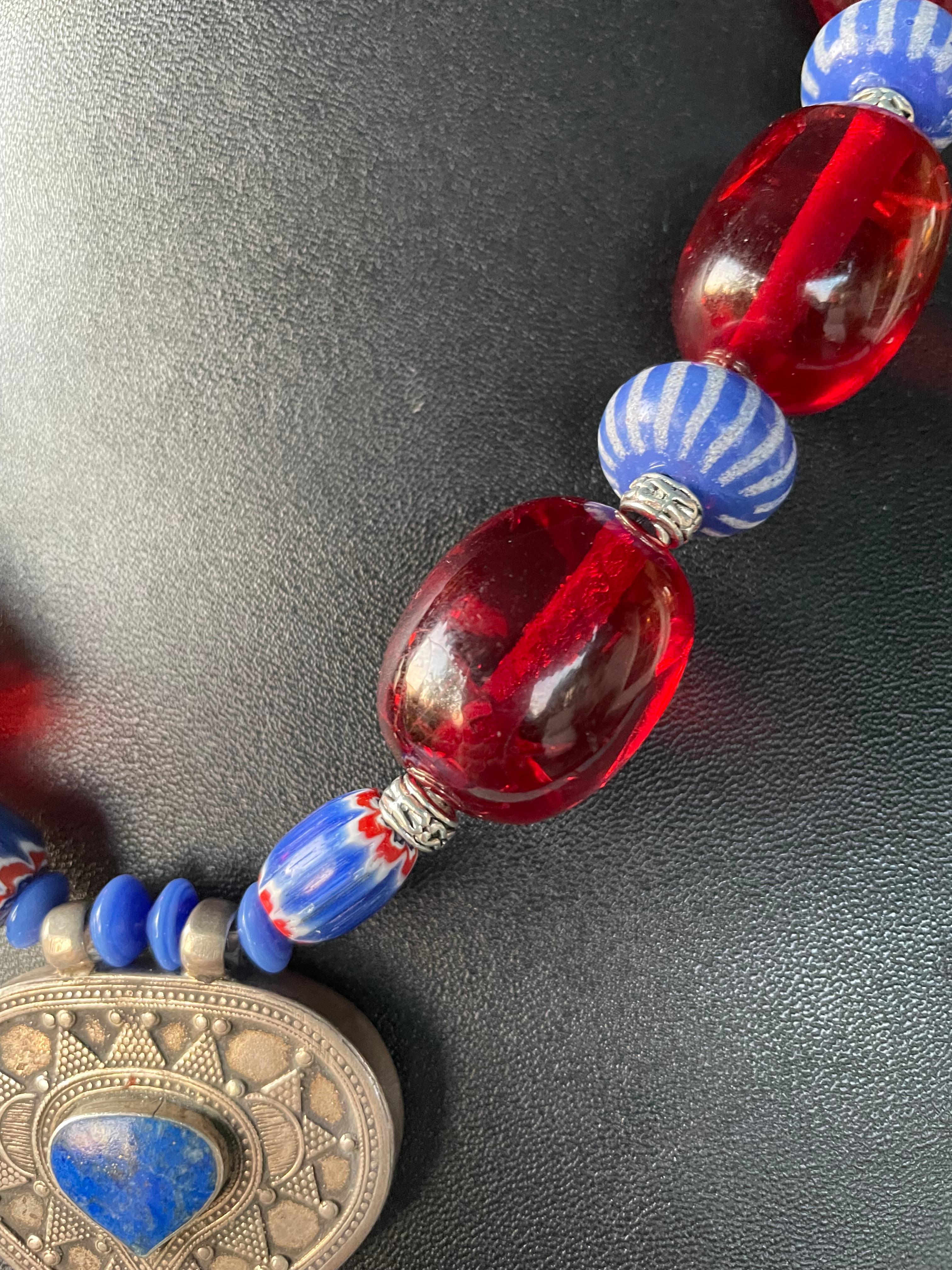 Artisan LB offers Vintage Afghani Lapis Pendant Indian Resin Venetian glass necklace For Sale