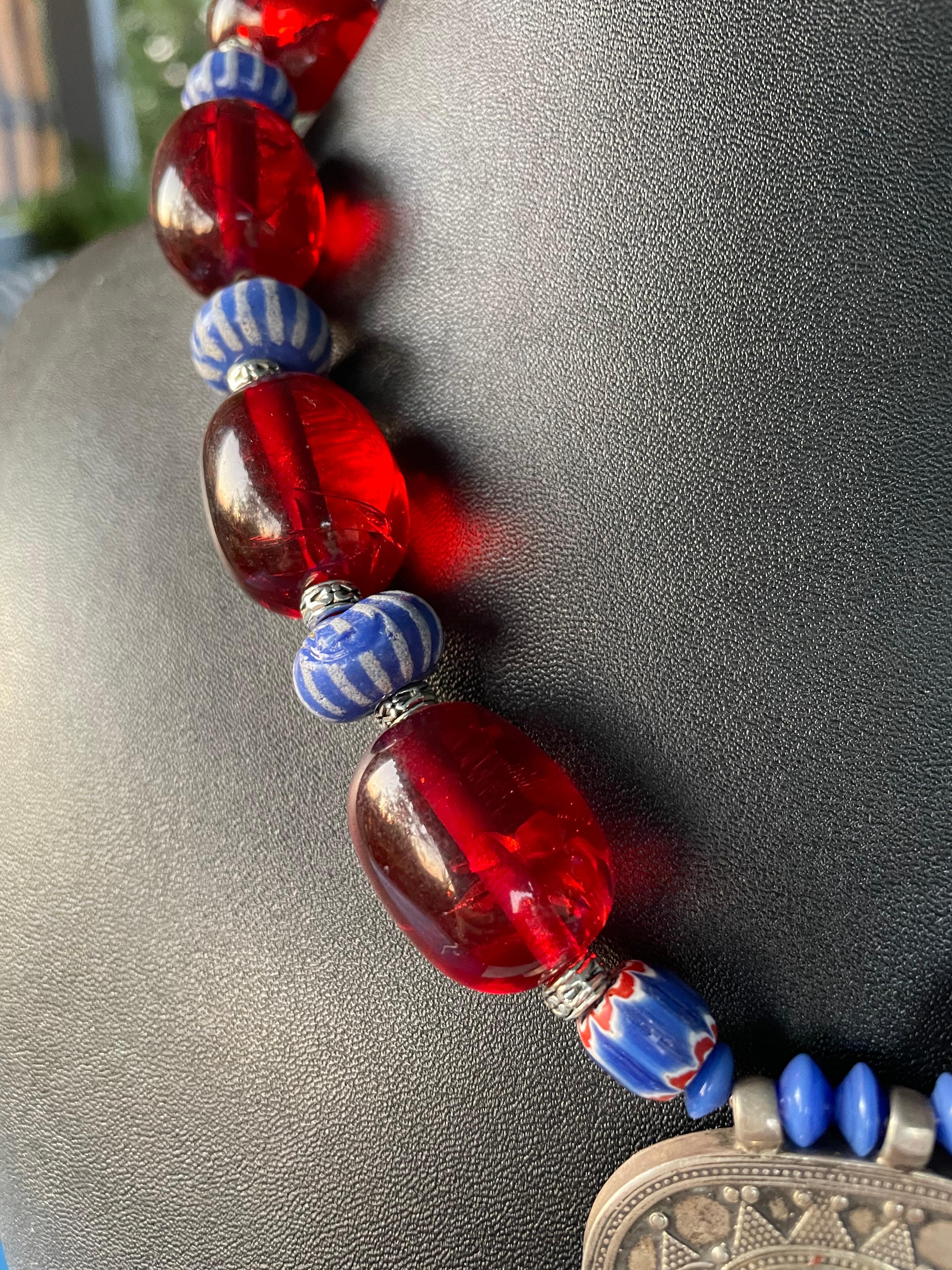 Cabochon LB offers Vintage Afghani Lapis Pendant Indian Resin Venetian glass necklace For Sale