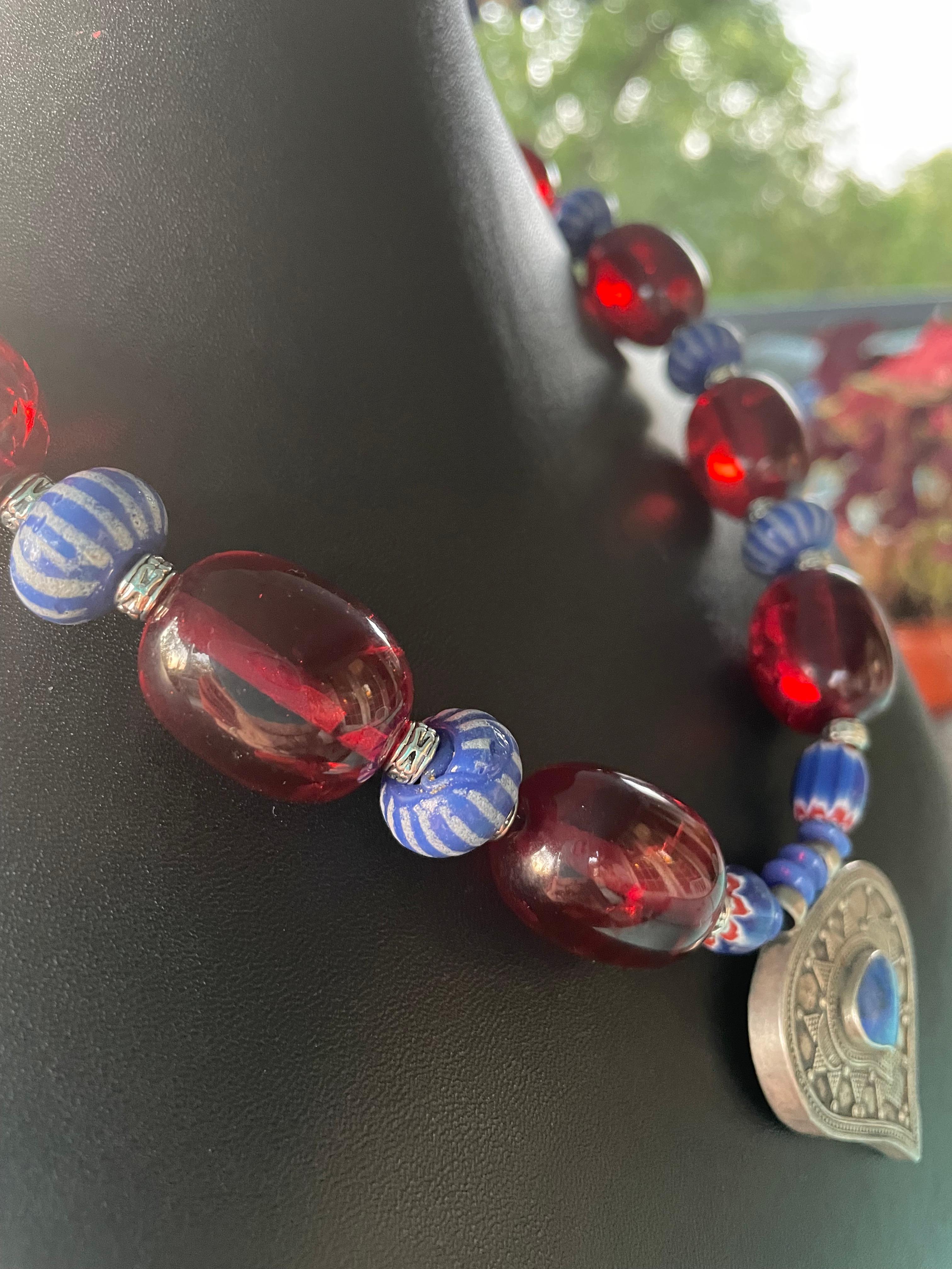 LB offers Vintage Afghani Lapis Pendant Indian Resin Venetian glass necklace For Sale 1