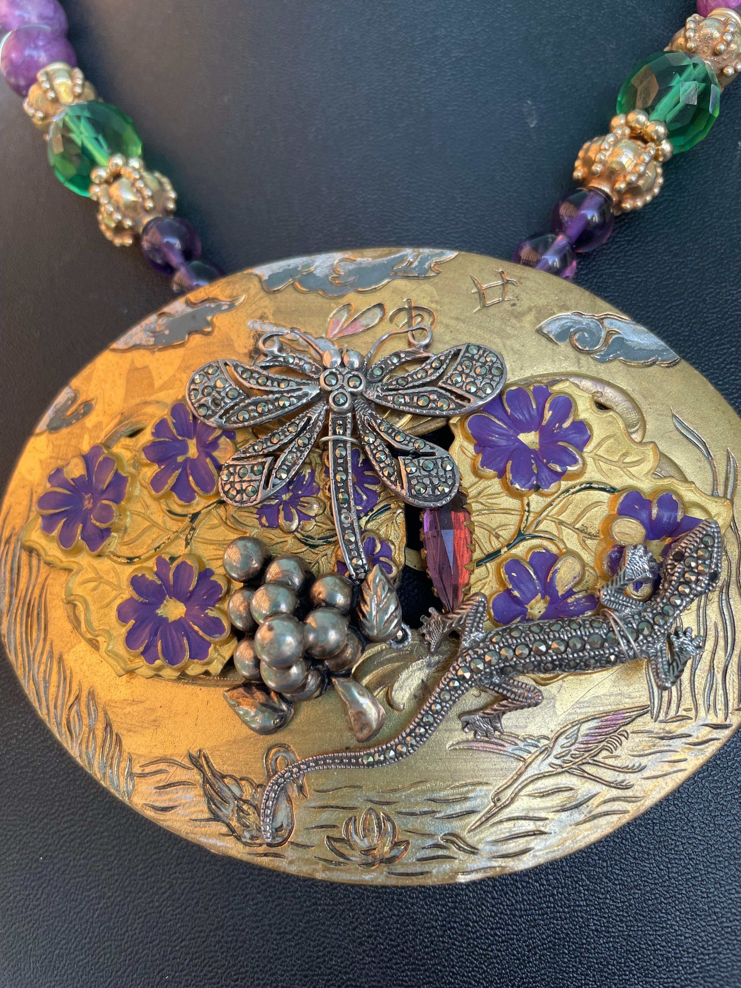 Bead LB offers Vintage Art Nouveau French belt buckle centerpiece Agates Necklace