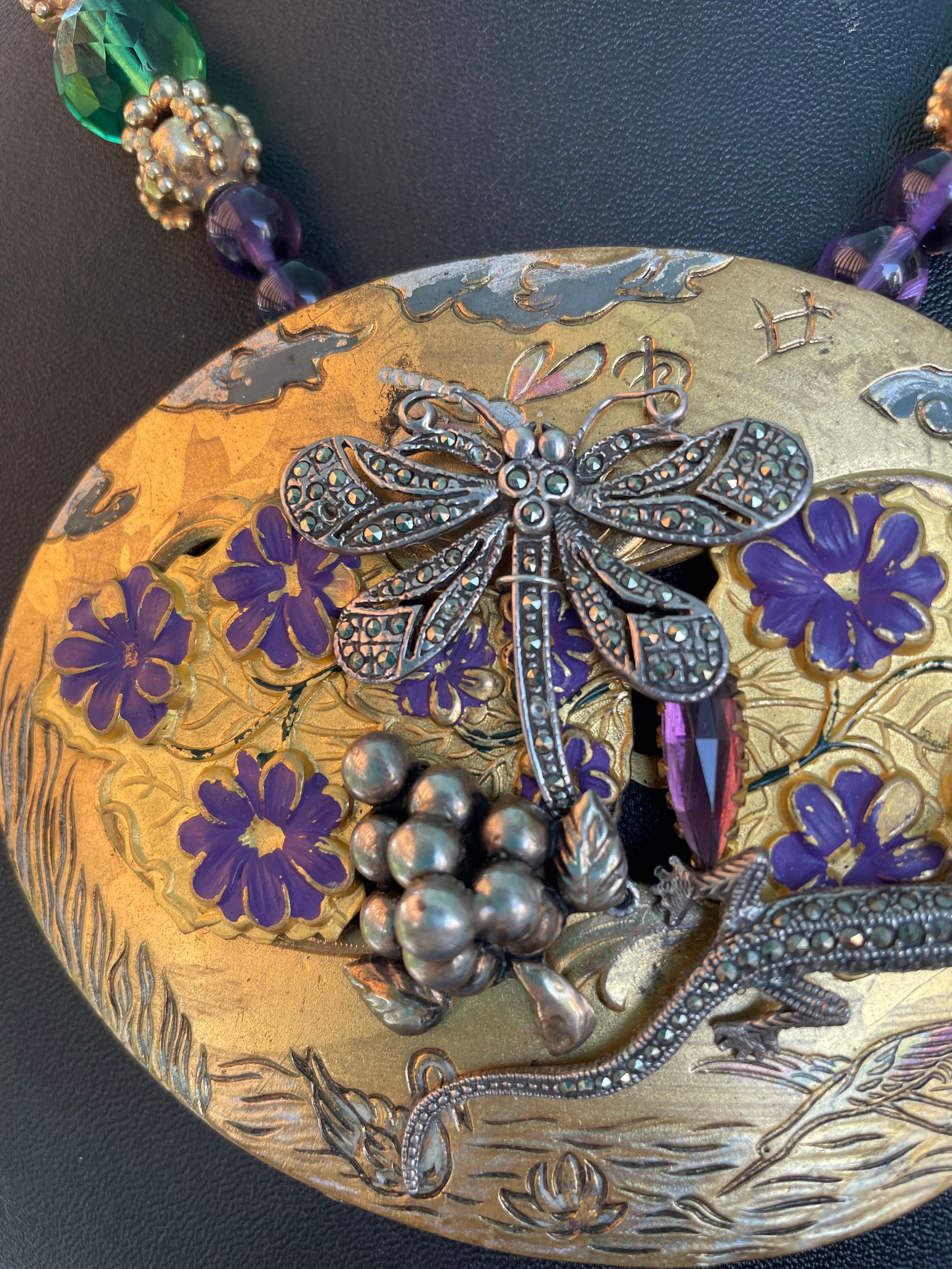 LB offers Vintage Art Nouveau French belt buckle centerpiece Agates Necklace 1