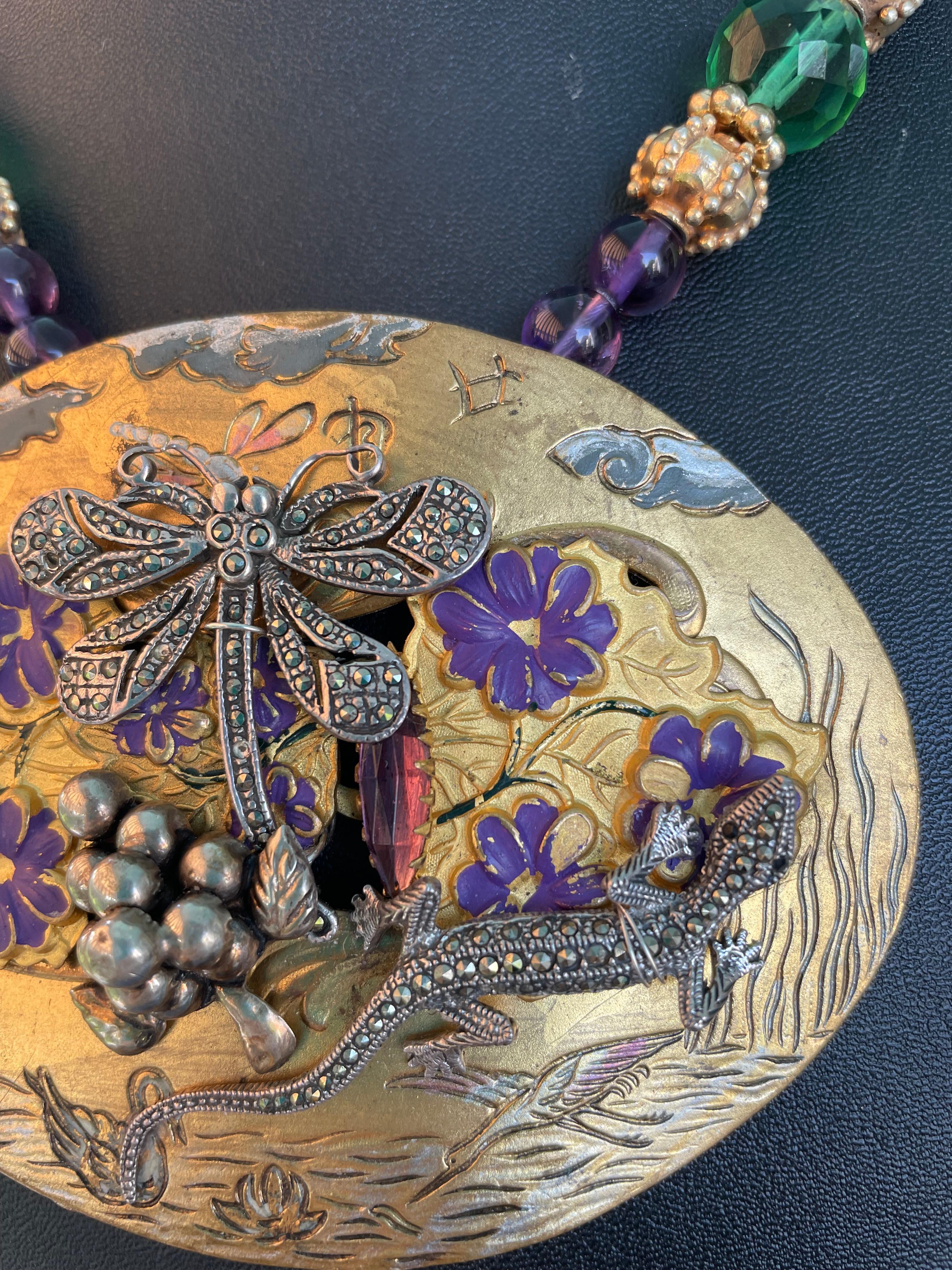 LB offers Vintage Art Nouveau French belt buckle centerpiece Agates Necklace 2
