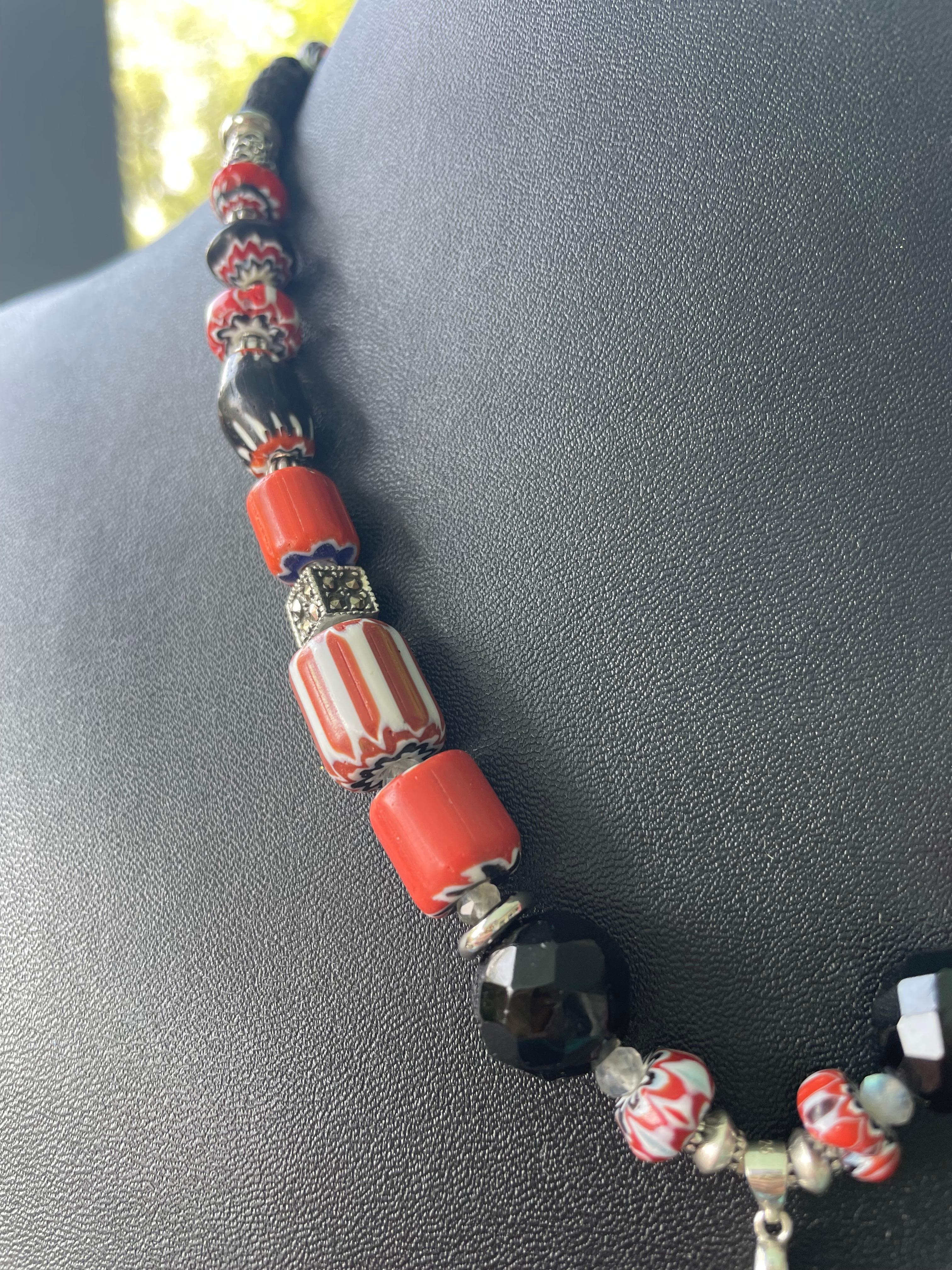 Cabochon LB offers Vintage Austrian SS pendant Venetian chevron beads Jet Lava Necklace For Sale