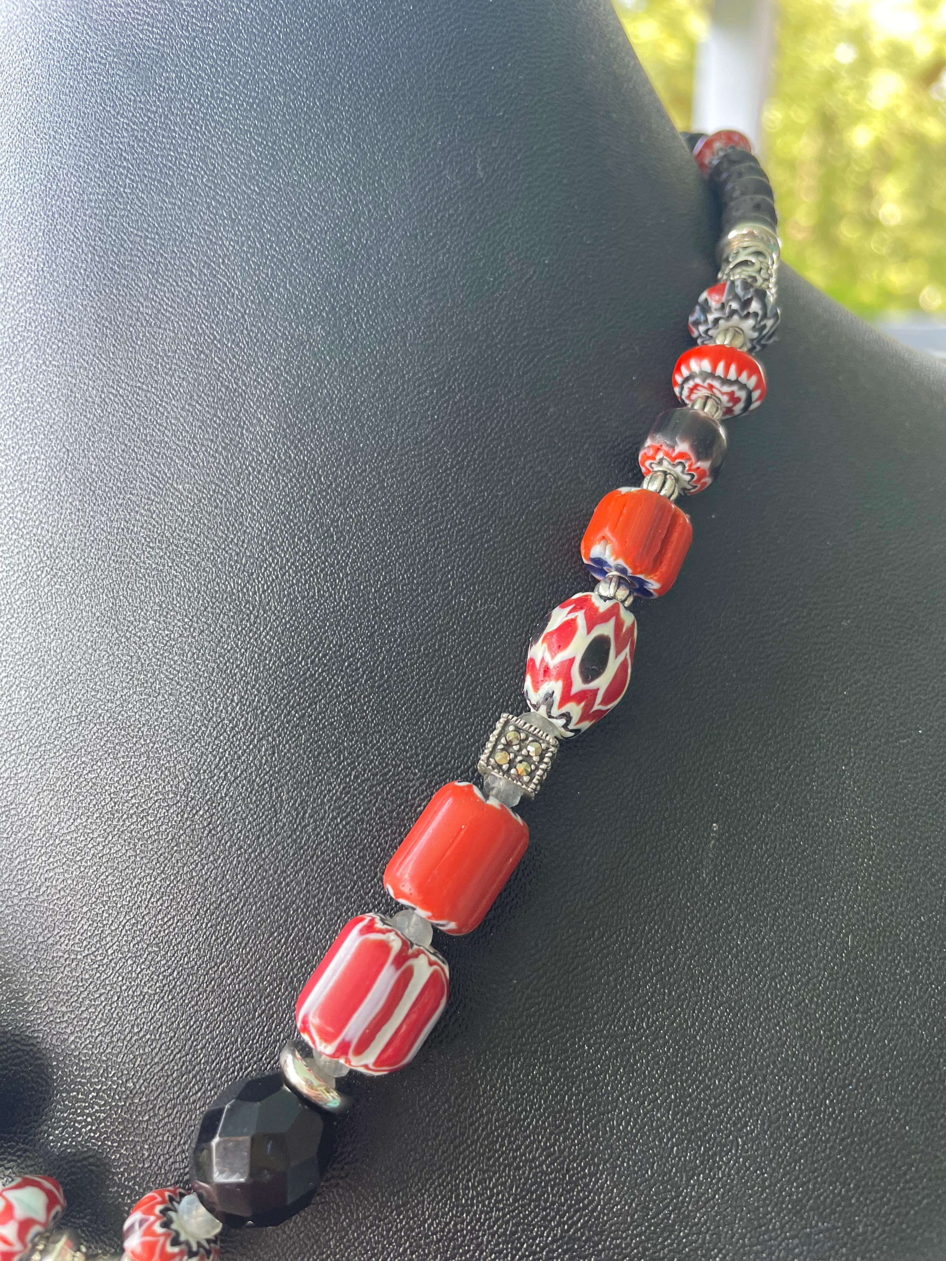 LB offers Vintage Austrian SS pendant Venetian chevron beads Jet Lava Necklace In Good Condition For Sale In Pittsburgh, PA