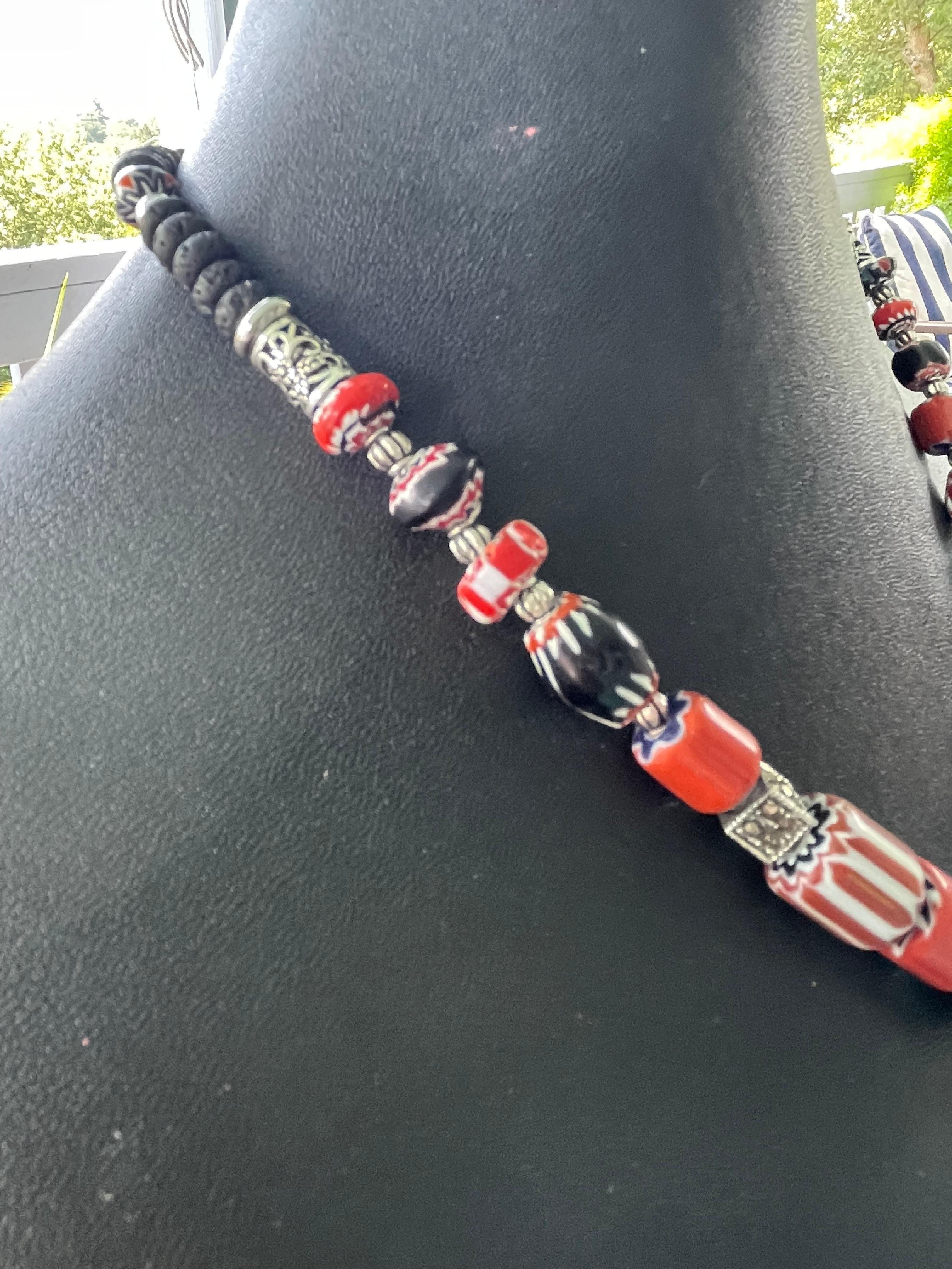 Women's or Men's LB offers Vintage Austrian SS pendant Venetian chevron beads Jet Lava Necklace For Sale