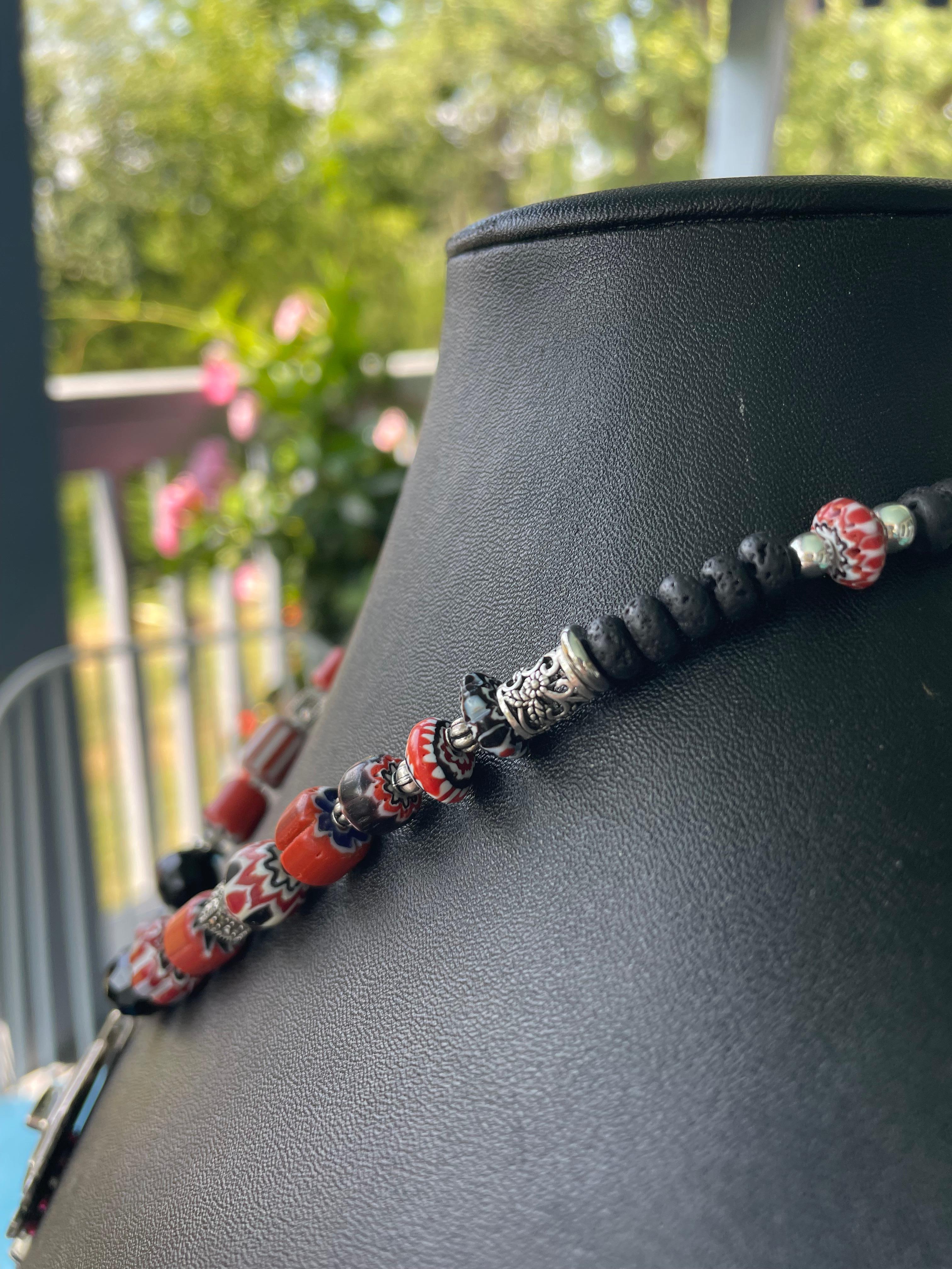 LB offers Vintage Austrian SS pendant Venetian chevron beads Jet Lava Necklace For Sale 1