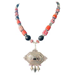 LB offers Antique Austrian SS pendant Venetian chevron beads Jet Lava Necklace