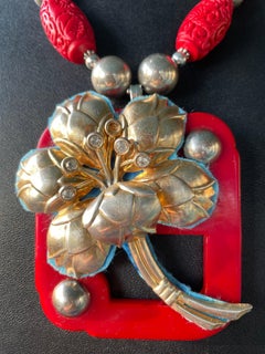 LB offers Vintage Bakelite Buckle Floral SS Brooch Cinnabar Coral Necklace