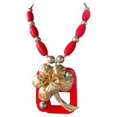 LB offers Vintage Bakelite Buckle Floral SS Brooch Cinnabar Coral Necklace