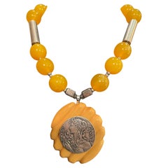 LB offers Vintage Bakelite Buckle Sterling Coin Resin ‘Amber’ Pyrite Necklace