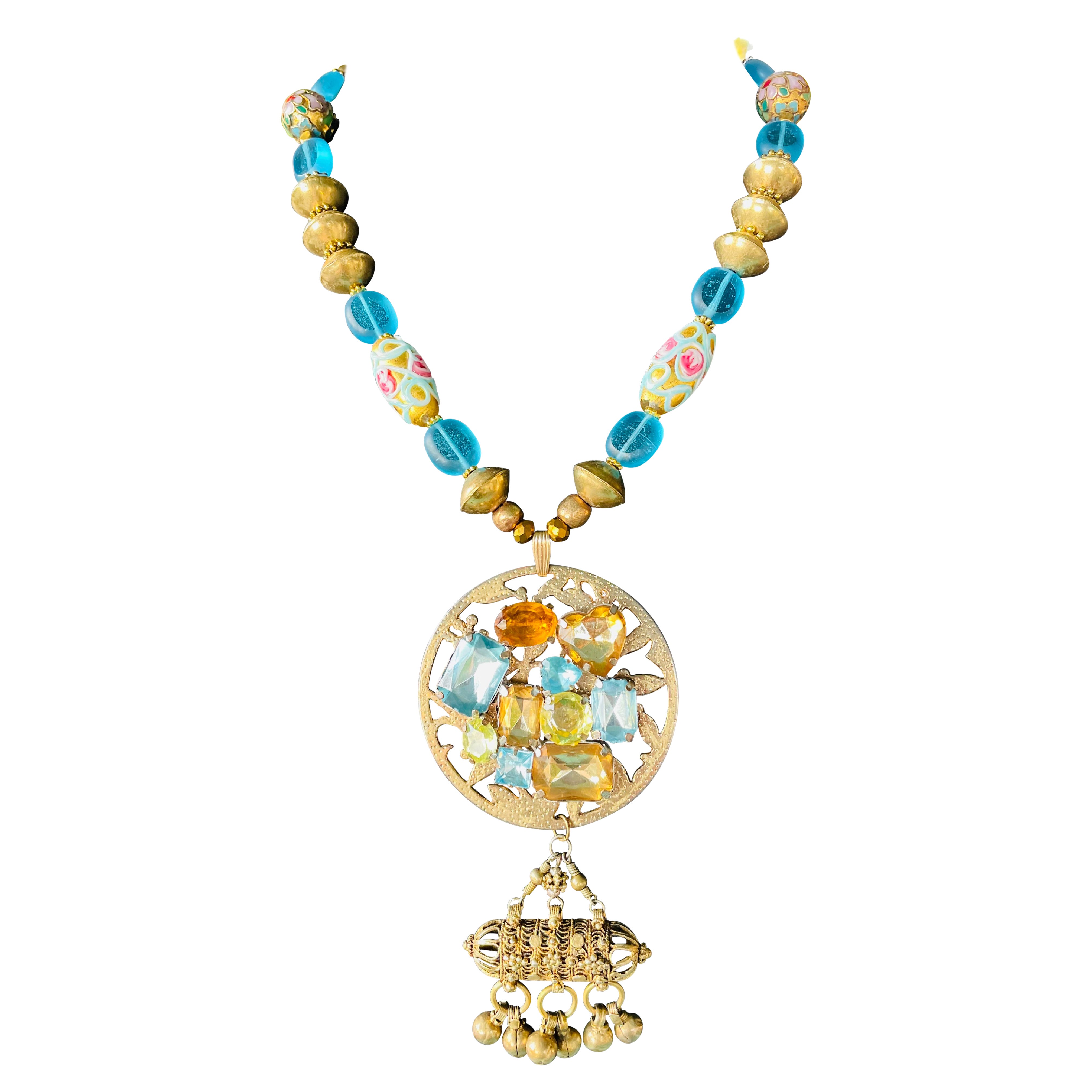 LB offre spille vintage Collana afghana in ottone veneziana con cloisonné tibetano