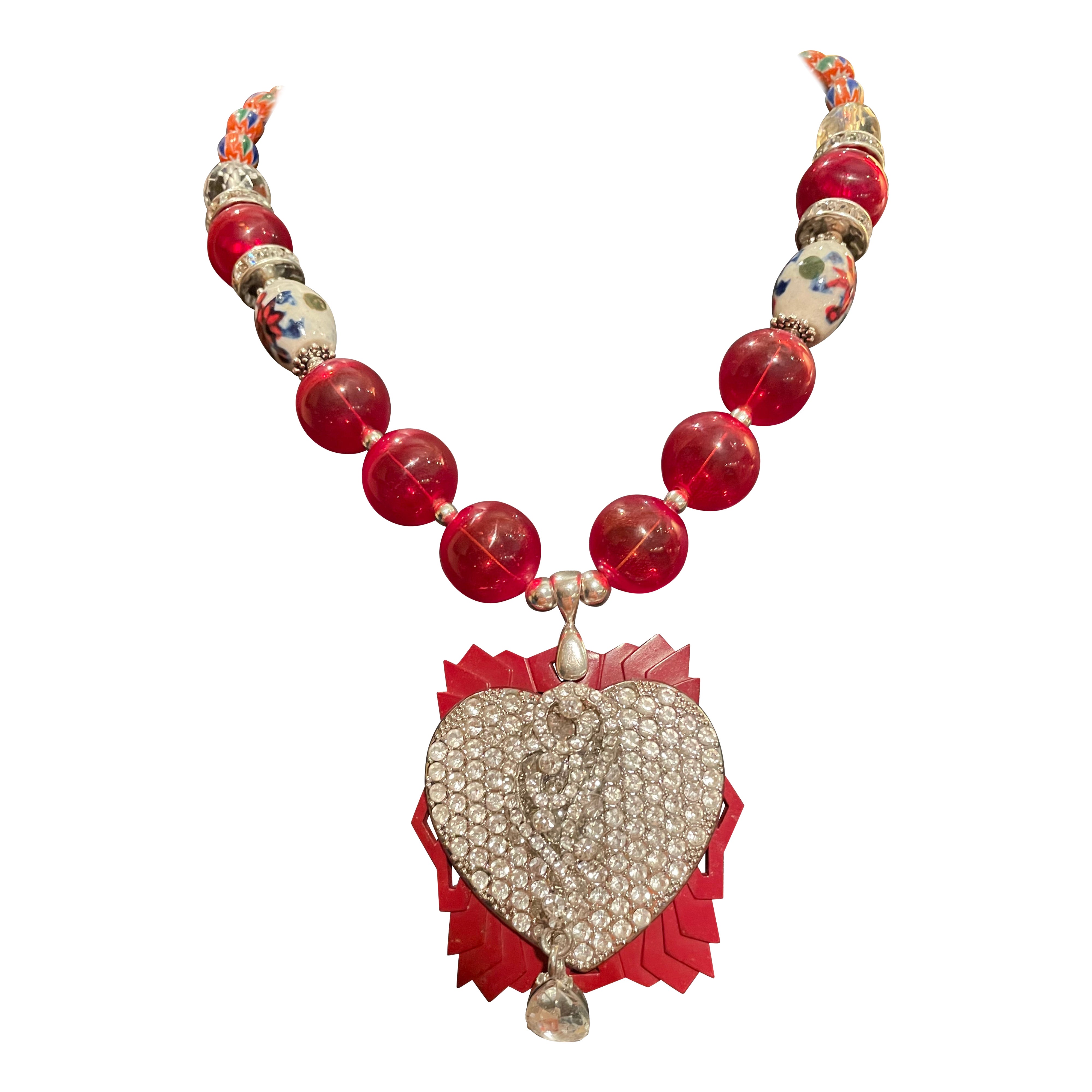 LB offers Vintage Carved Bakelite 60’s Crystal Ceramic Venetian Ceramic Necklace For Sale